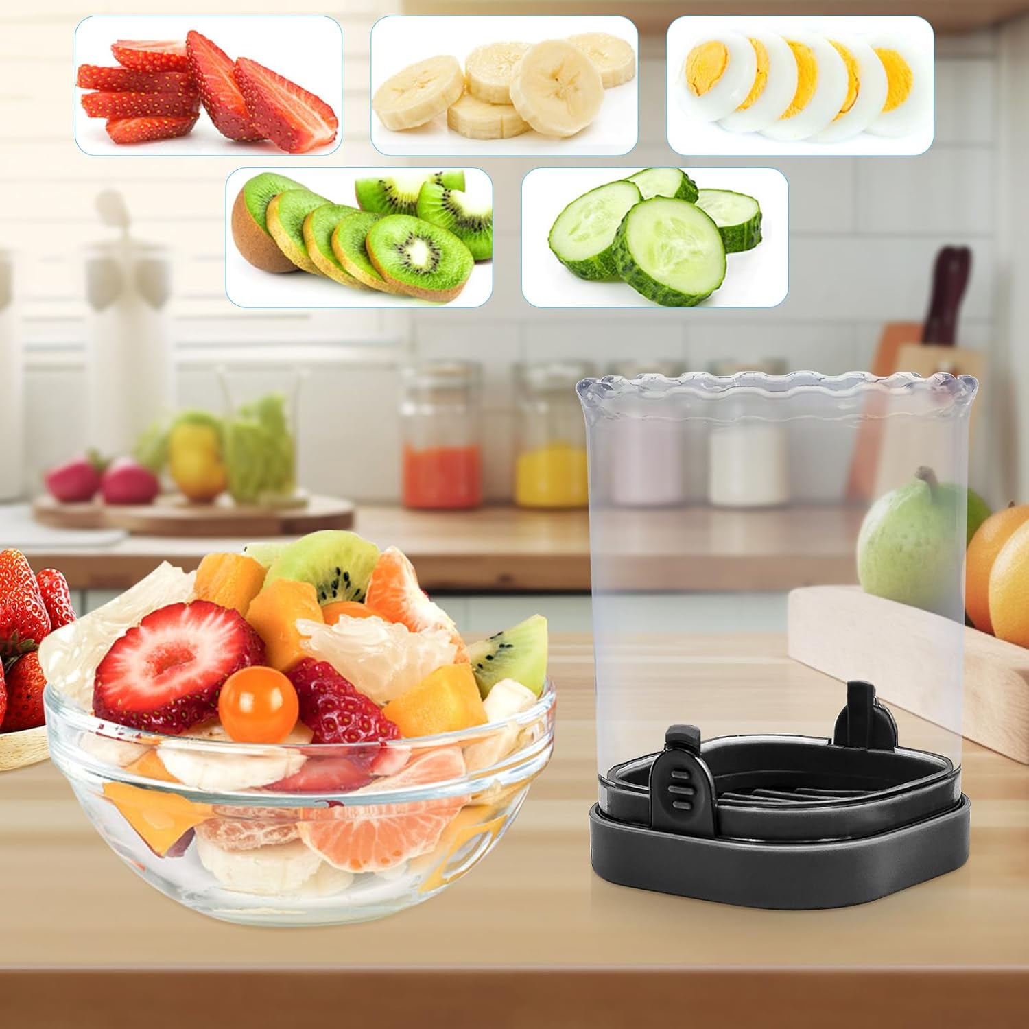 LIIGEMI 8-Blade Fruit & Vegetable Slicer Cup - Strawberry, Banana,Egg, Grape Cutter with Push Plate | 304 Stainless Steel Blades | Extra-Large Capacity for Meal Prep & Salads(Black)