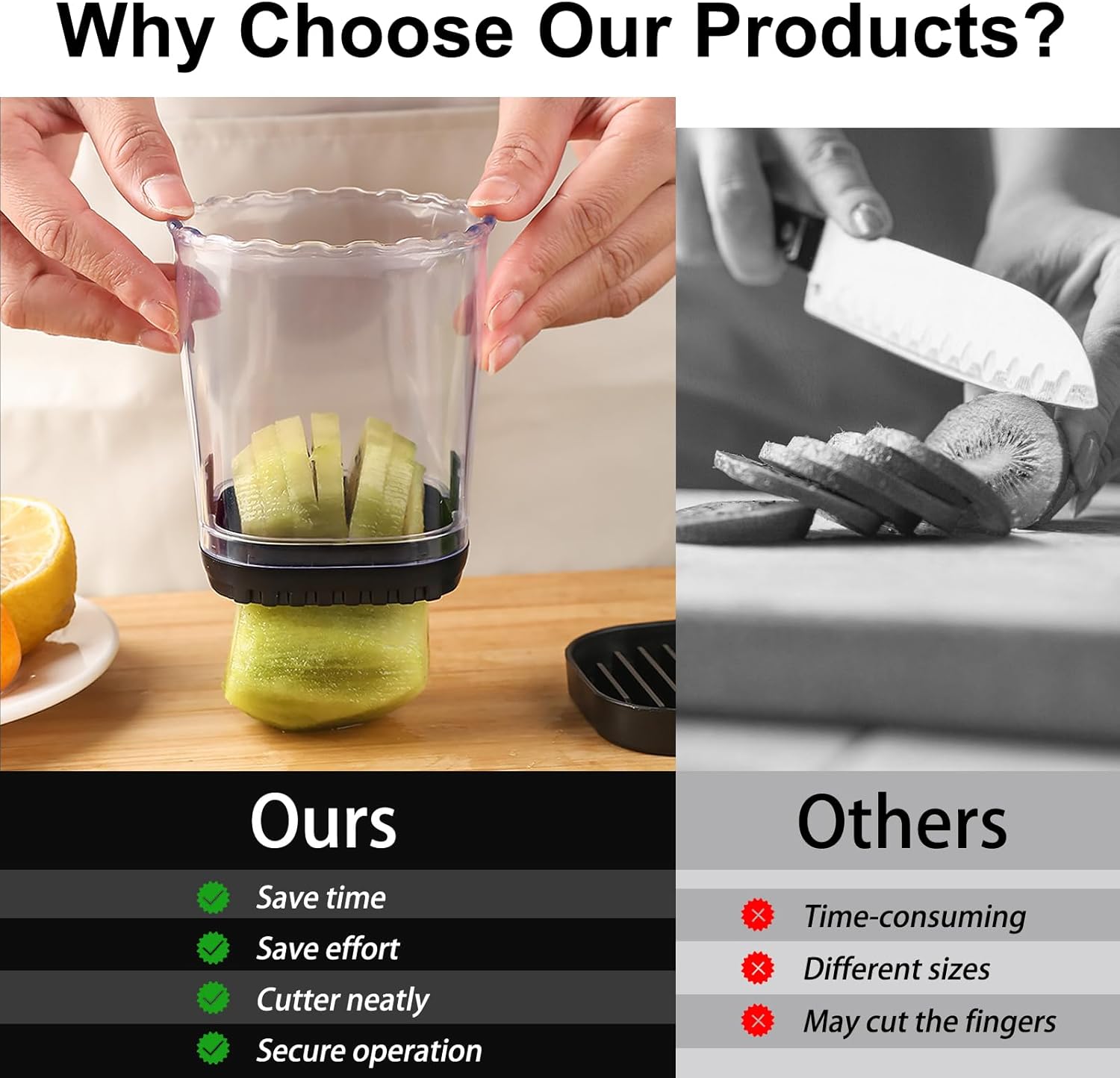 LIIGEMI 8-Blade Fruit & Vegetable Slicer Cup - Strawberry, Banana,Egg, Grape Cutter with Push Plate | 304 Stainless Steel Blades | Extra-Large Capacity for Meal Prep & Salads(Black)