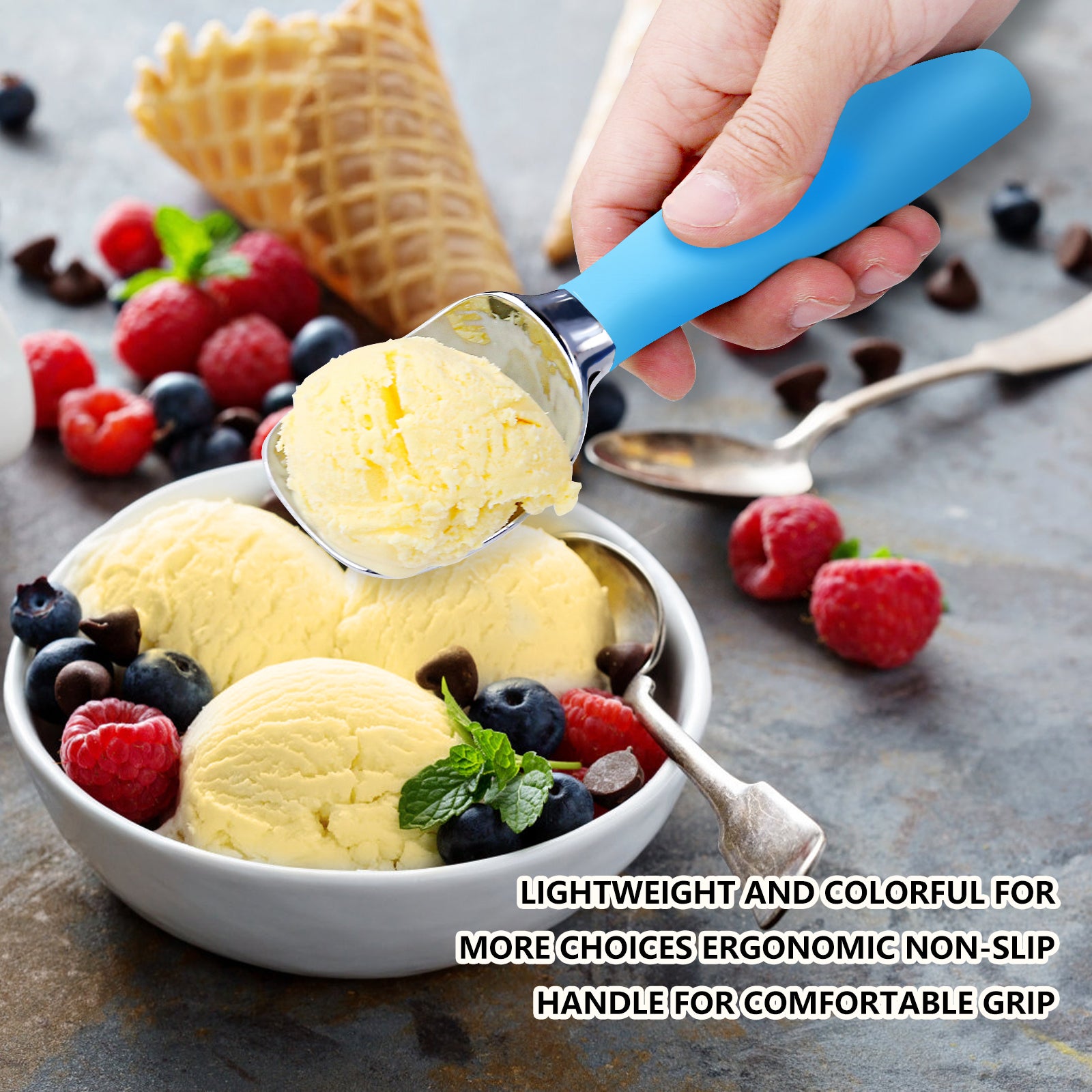 LIIGEMI Ice Cream Scoop,Ergonomic Non-Slip Handle for Easy Scooping & Serving,for Gelato,Sorbet,Frozen Yogurt (Blue)