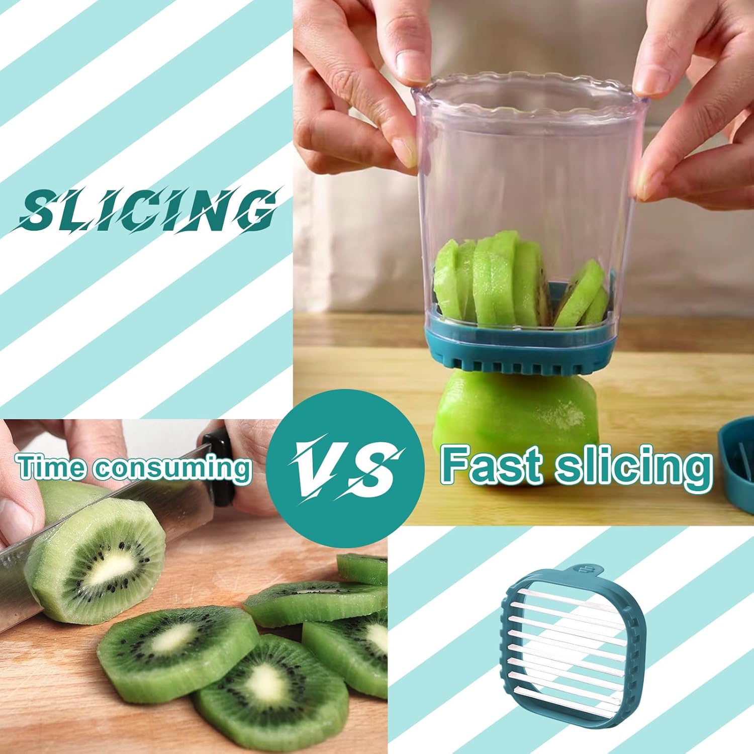 LIIGEMI 8-Blade Fruit & Vegetable Slicer Cup - Strawberry, Banana,Egg, Grape Cutter with Push Plate | 304 Stainless Steel Blades | Extra-Large Capacity for Meal Prep & Salads(Green)