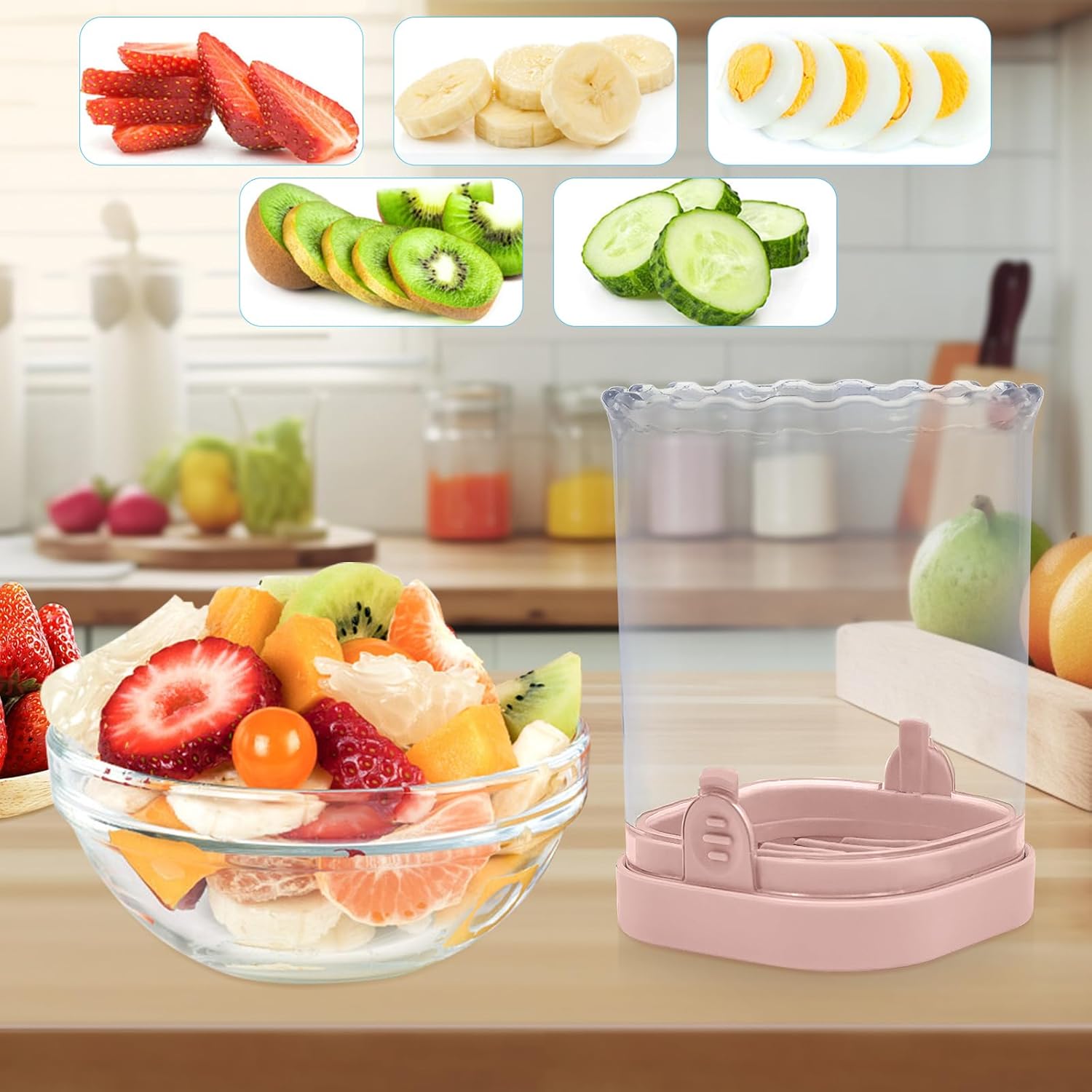 LIIGEMI 8-Blade Fruit & Vegetable Slicer Cup - Strawberry, Banana,Egg, Grape Cutter with Push Plate | 304 Stainless Steel Blades | Extra-Large Capacity for Meal Prep & Salads(Pink)
