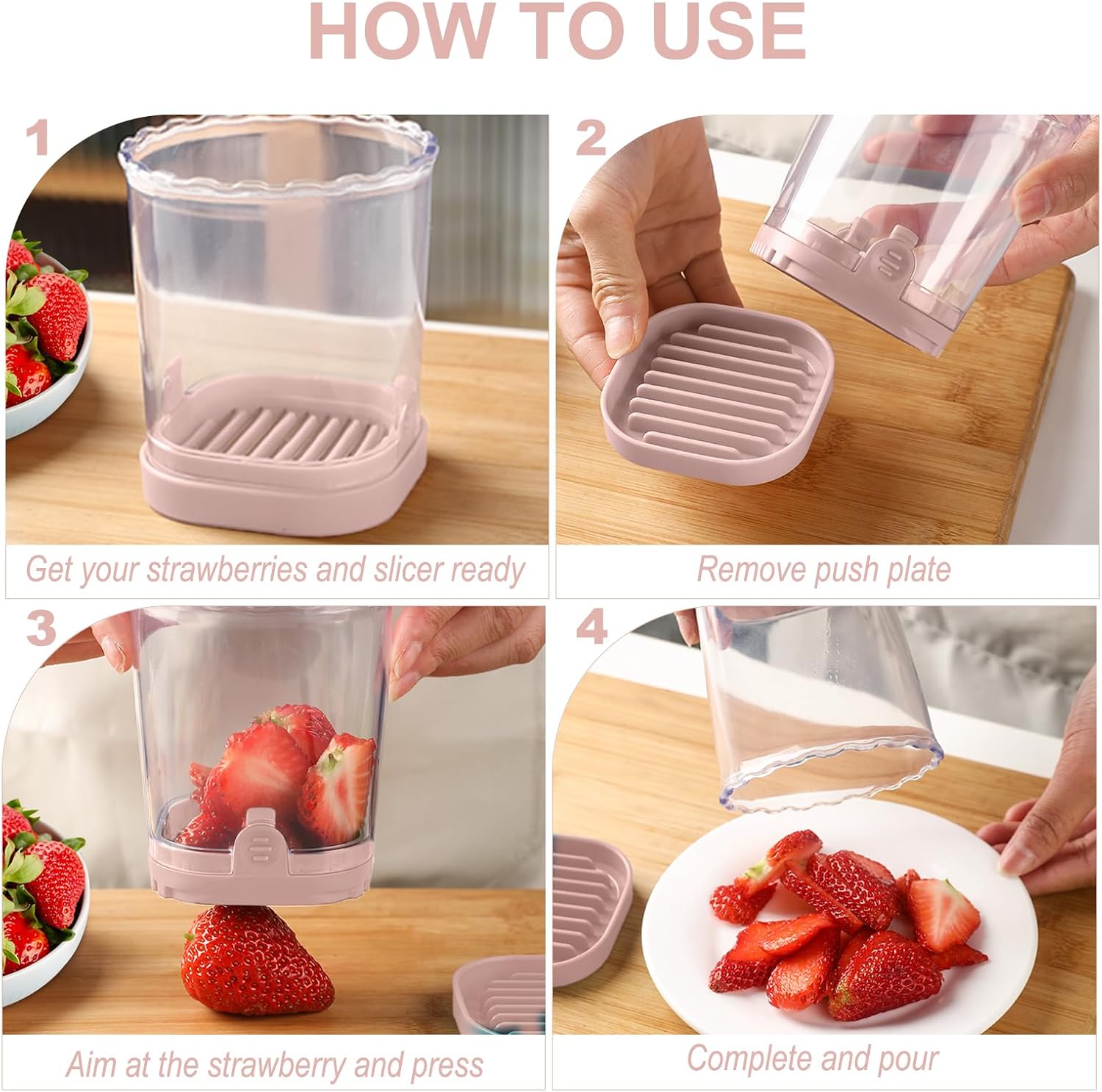 LIIGEMI 8-Blade Fruit & Vegetable Slicer Cup - Strawberry, Banana,Egg, Grape Cutter with Push Plate | 304 Stainless Steel Blades | Extra-Large Capacity for Meal Prep & Salads(Pink)