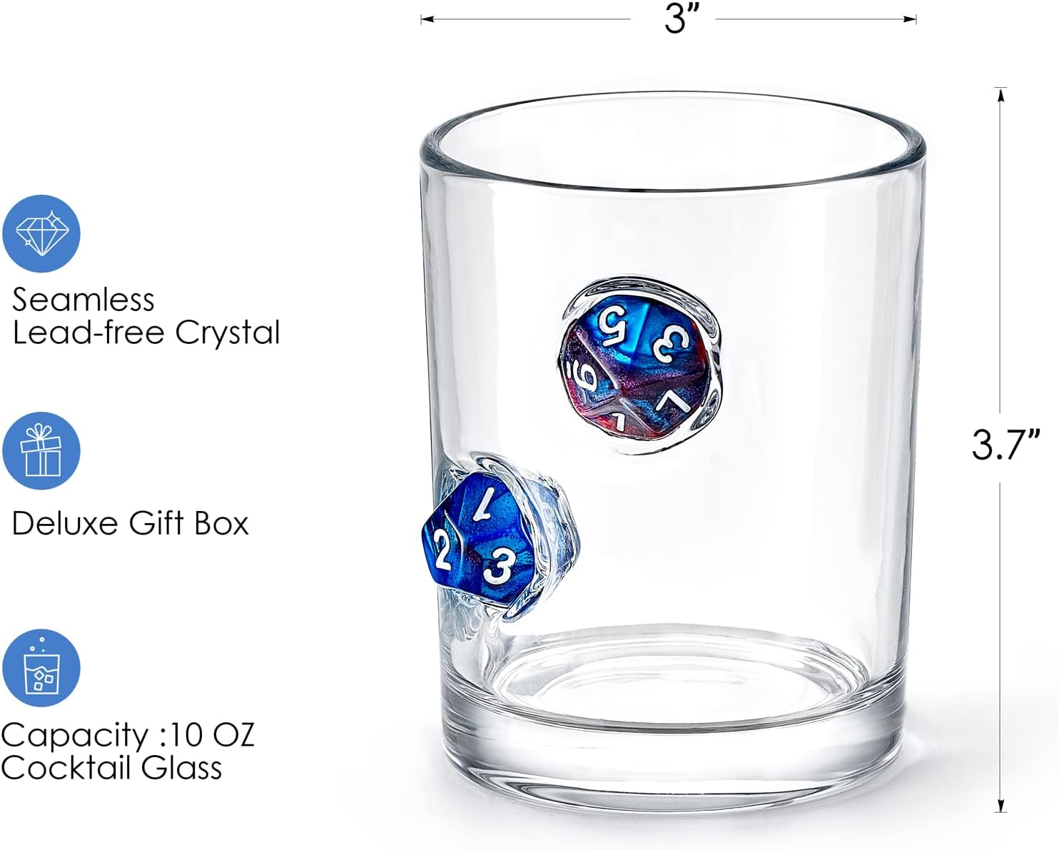 LIIGEMI Whiskey Glasses with Polyhedral dices Embedded, Whiskey cups Gift Set of 2,Unique Handmade Design, Rocks Glass 10oz(Blue)