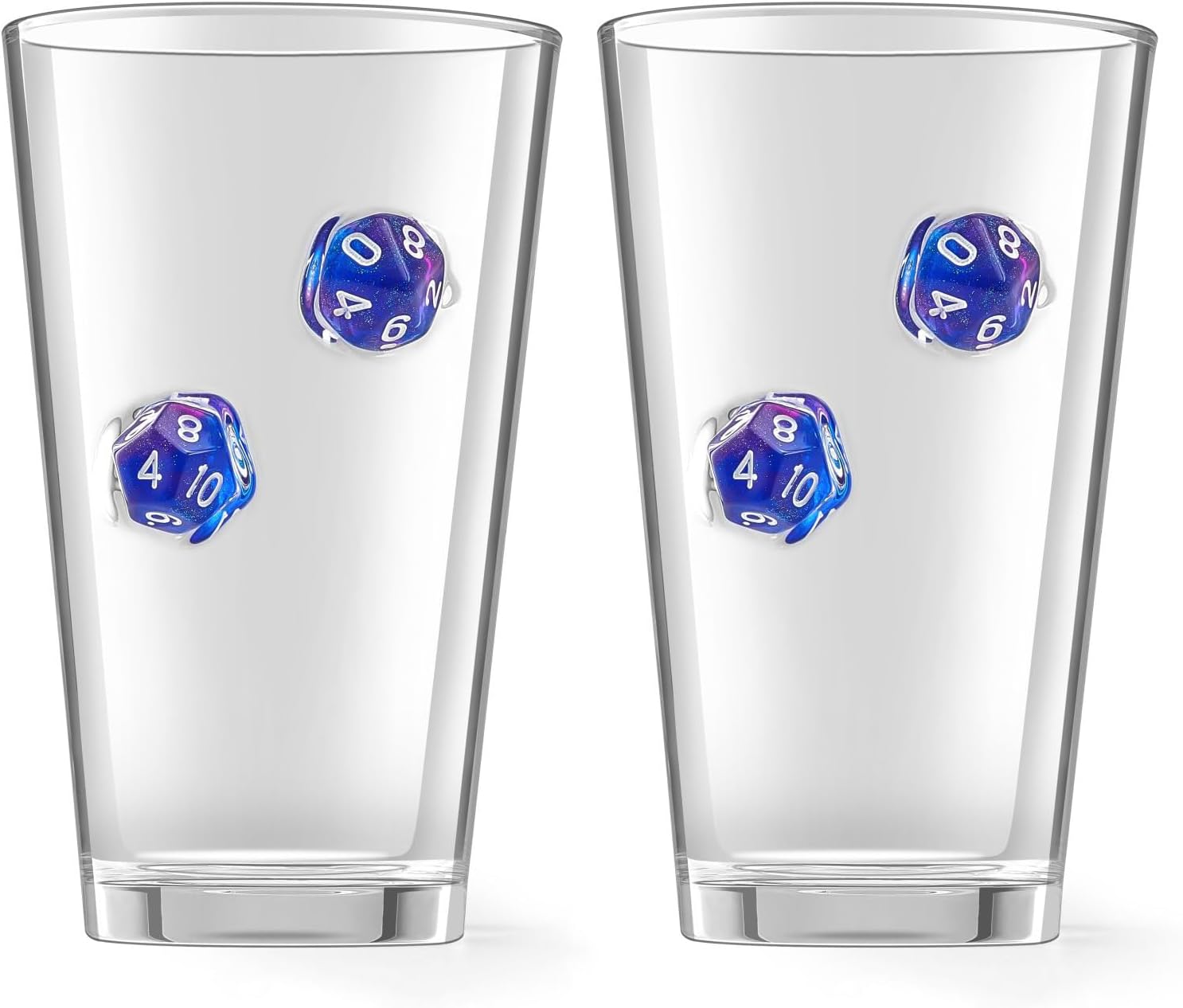 LIIGEMI Set of 2,Drinking Glasses with DND Dice Embedded,Handmade Beer Glasses, 16 oz Highball Glass Drinking Glasses,Gift for D&D or RPG Player(Blue)