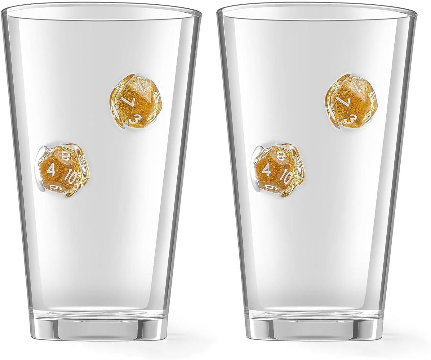 LIIGEMI Set of 2,Drinking Glasses with DND Dice Embedded,Handmade Beer Glasses, 16 oz Highball Glass Drinking Glasses,Gift for D&D or RPG Player(Golden)