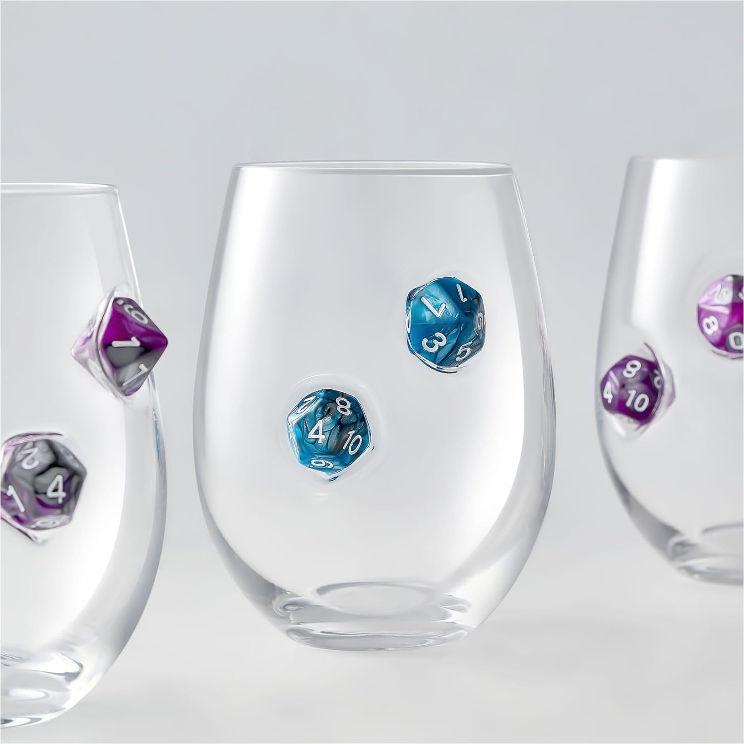LIIGEMI Stemless Wine Glass with DND Dice Embedded, Handmade Red Wine Glasses, Drinking Glasses, 18.5 oz,Set of 2,Gift for D&D or RPG Player(Blue)