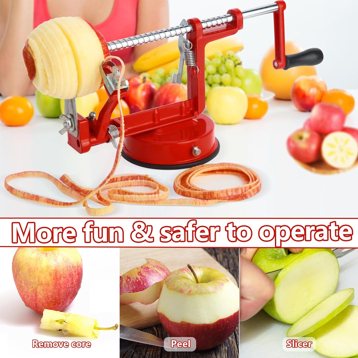 Apple Peeler Corer,Apple Slicer With Stainless Steel Blades,Fruit Cutter Machine, Convenient and Funny, Creative Kitchen Tool Gift for Baking Lover(Red)