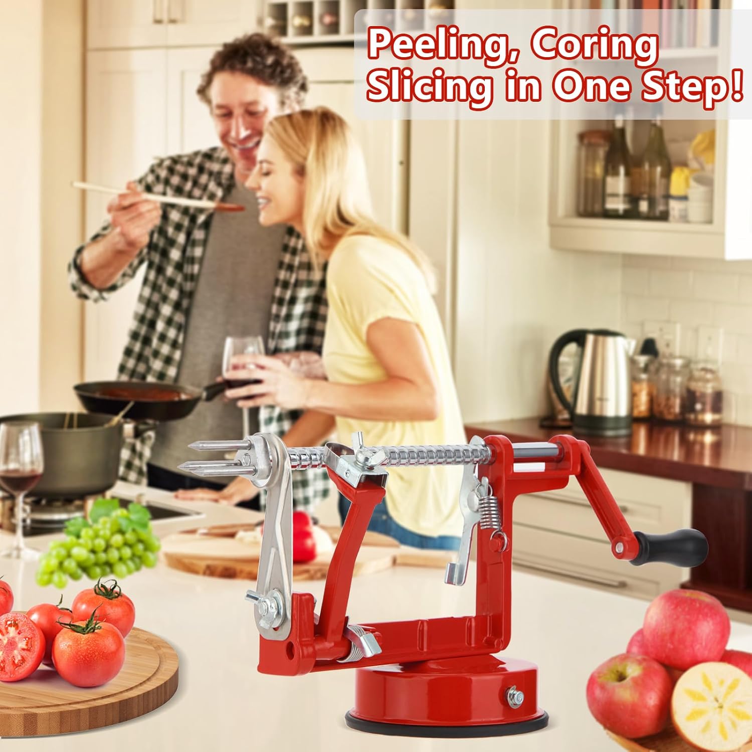 Apple Peeler Corer,Apple Slicer With Stainless Steel Blades,Fruit Cutter Machine, Convenient and Funny, Creative Kitchen Tool Gift for Baking Lover(Red)