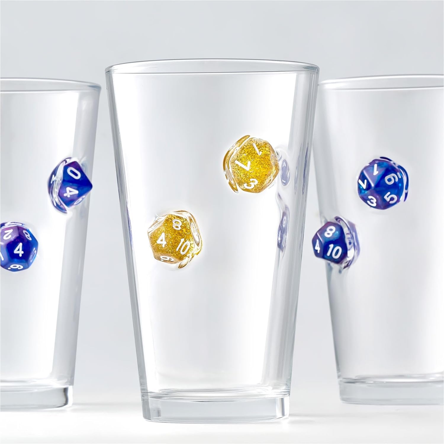 LIIGEMI Set of 2,Drinking Glasses with DND Dice Embedded,Handmade Beer Glasses, 16 oz Highball Glass Drinking Glasses,Gift for D&D or RPG Player(Golden)