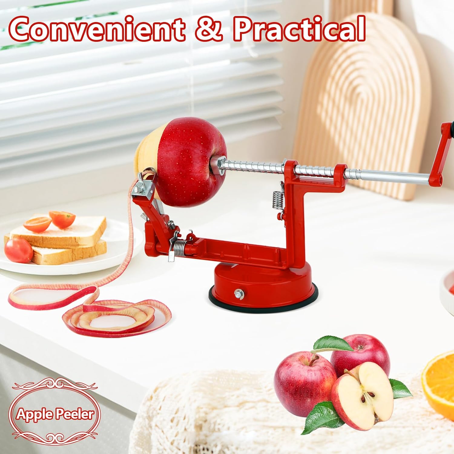 Apple Peeler Corer,Apple Slicer With Stainless Steel Blades,Fruit Cutter Machine, Convenient and Funny, Creative Kitchen Tool Gift for Baking Lover(Red)