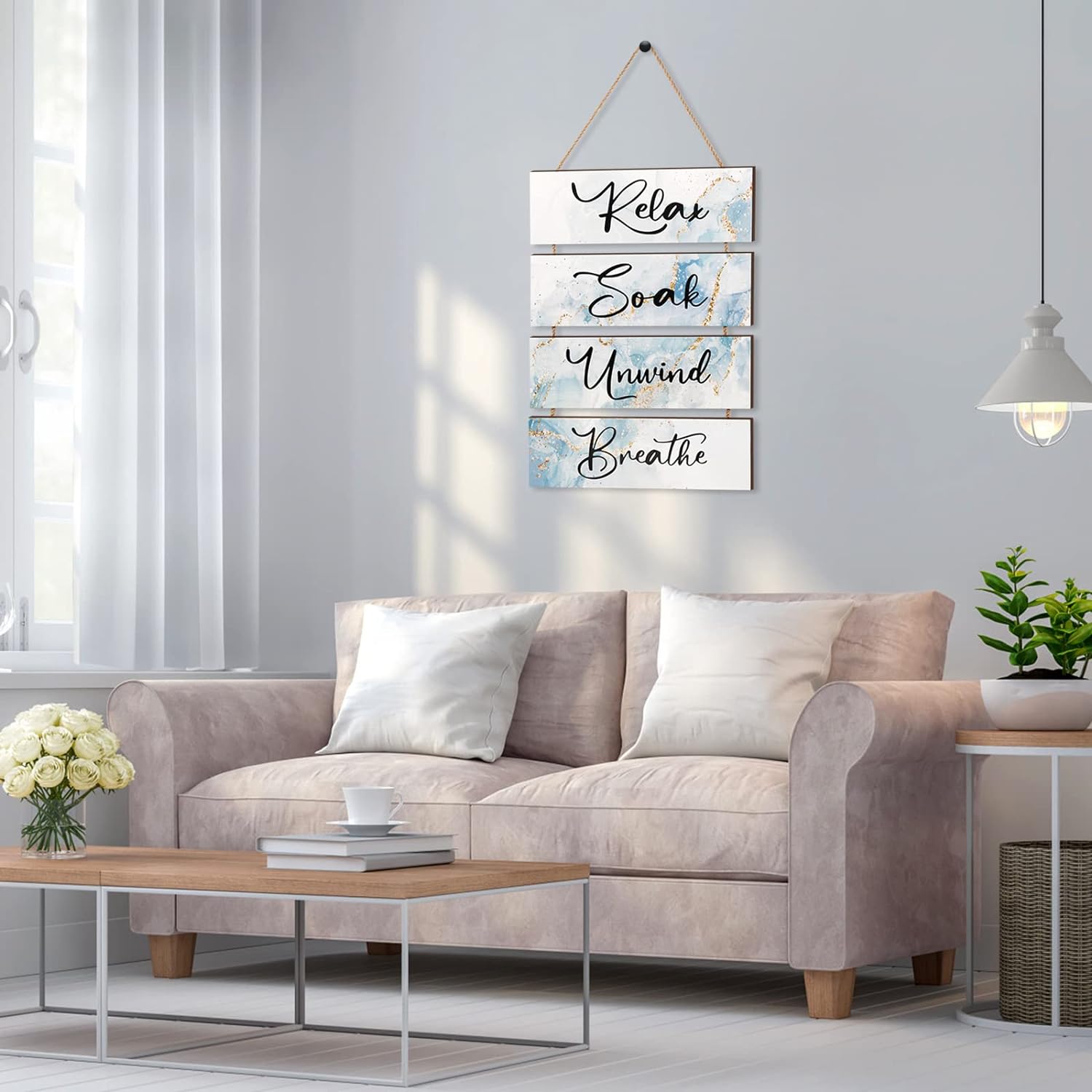 LIIGEMI 4 Pieces Bathroom Wall Decor Relax Soak Unwind Breathe Art Wooden Hanging Signs for Home Living Room Laundry Bathroom Spa Washroom (17.4 x 11.8 inch)