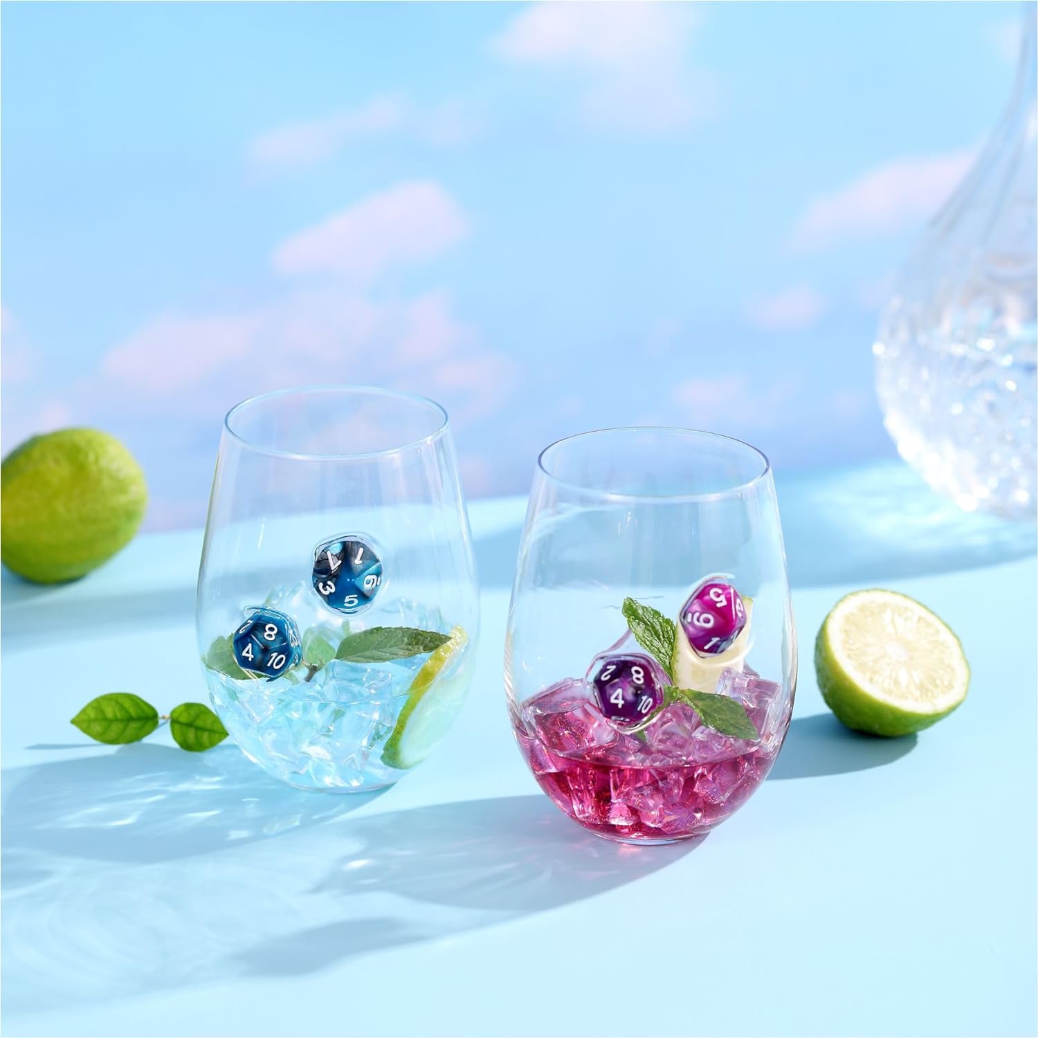 LIIGEMI Stemless Wine Glass with DND Dice Embedded, Handmade Red Wine Glasses, Drinking Glasses, 18.5 oz,Set of 2,Gift for D&D or RPG Player(Blue)