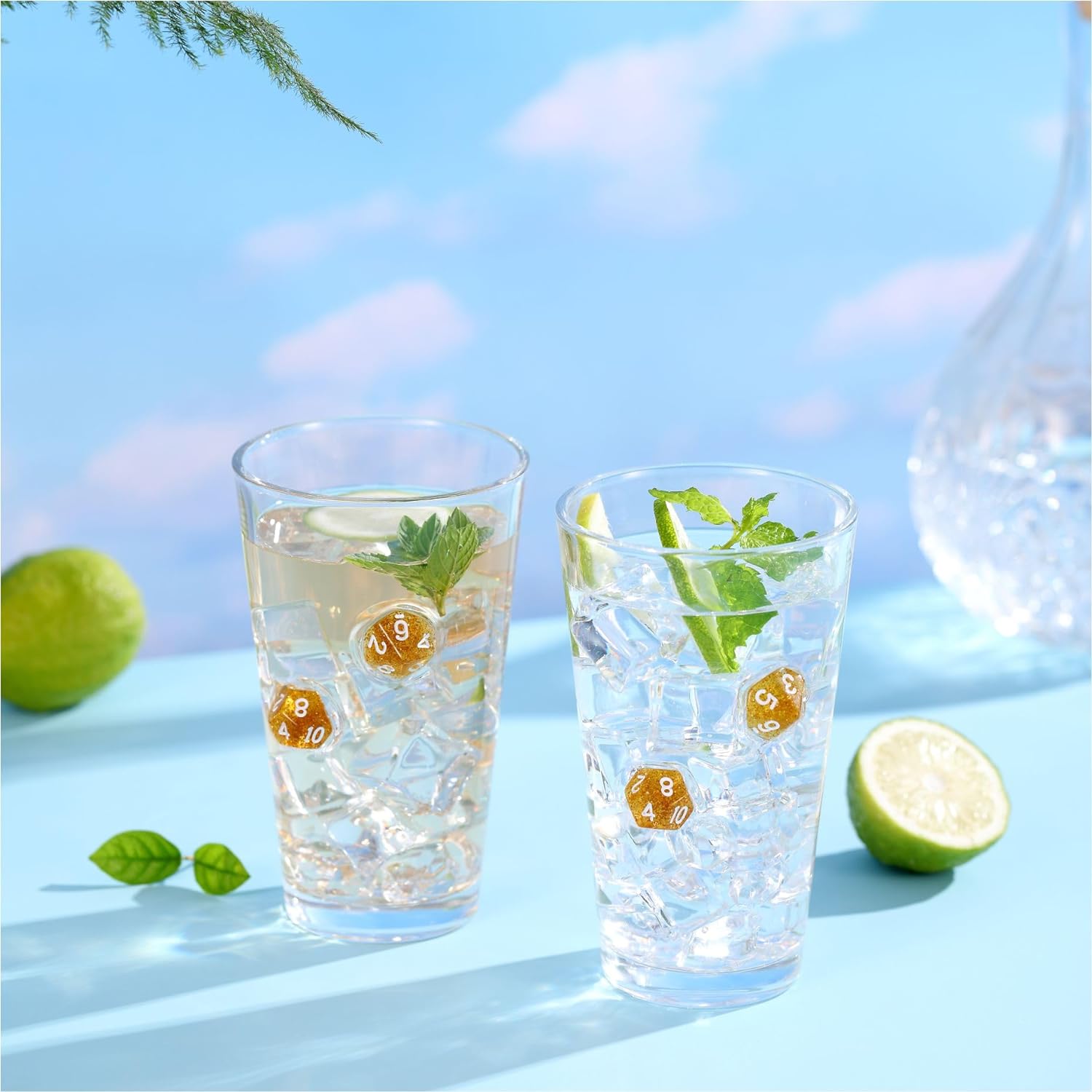 LIIGEMI Set of 2,Drinking Glasses with DND Dice Embedded,Handmade Beer Glasses, 16 oz Highball Glass Drinking Glasses,Gift for D&D or RPG Player(Golden)