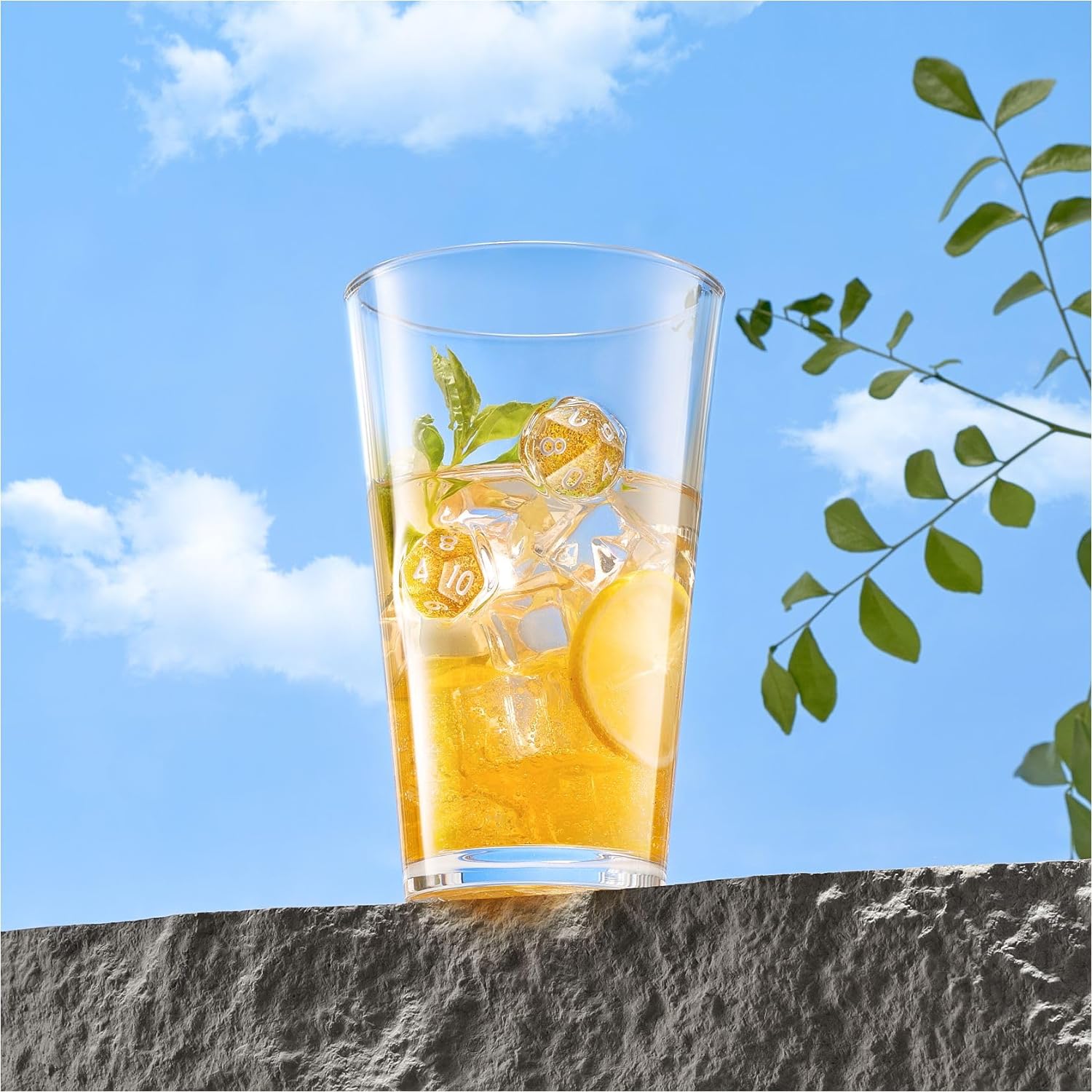 LIIGEMI Set of 2,Drinking Glasses with DND Dice Embedded,Handmade Beer Glasses, 16 oz Highball Glass Drinking Glasses,Gift for D&D or RPG Player(Golden)