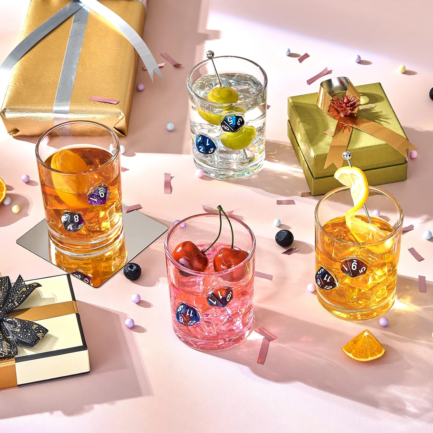 LIIGEMI Old Fashioned Glasses Set of 2,Handmade Whiskey Glass with Purple Polyhedral dices Embedded, Cocktail Glass 10oz(Purple)