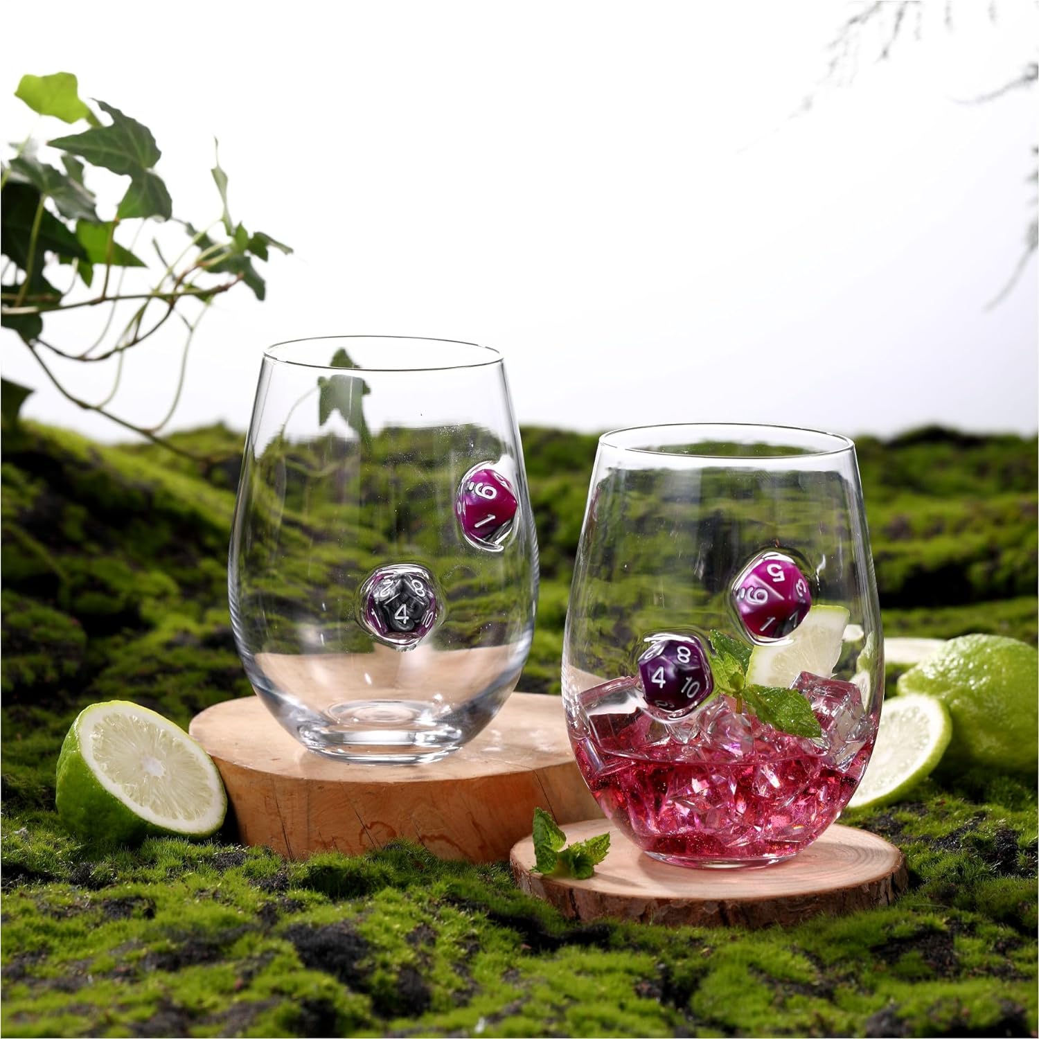LIIGEMI Stemless Wine Glass with DND Dice Embedded, Handmade Red Wine Glasses, Drinking Glasses, 18.5 oz,Set of 2,Gift for D&D or RPG Player (Purple)