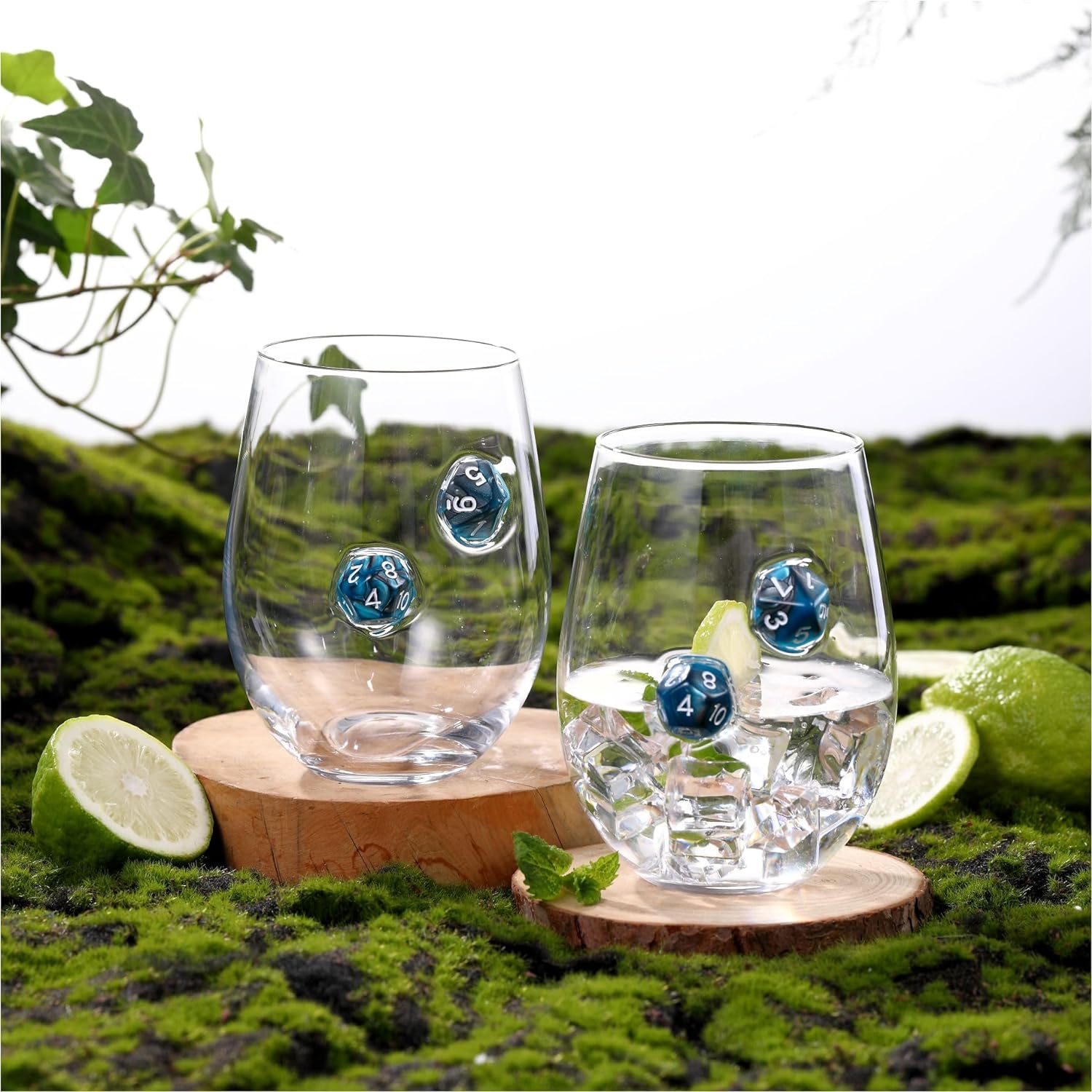 LIIGEMI Stemless Wine Glass with DND Dice Embedded, Handmade Red Wine Glasses, Drinking Glasses, 18.5 oz,Set of 2,Gift for D&D or RPG Player(Blue)
