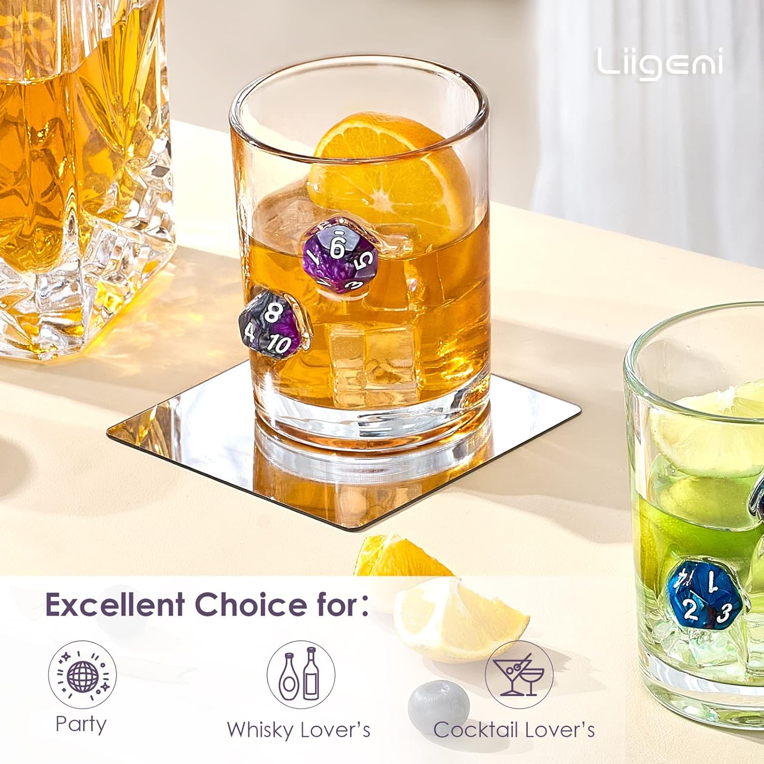 LIIGEMI Old Fashioned Glasses Set of 2,Handmade Whiskey Glass with Purple Polyhedral dices Embedded, Cocktail Glass 10oz(Purple)