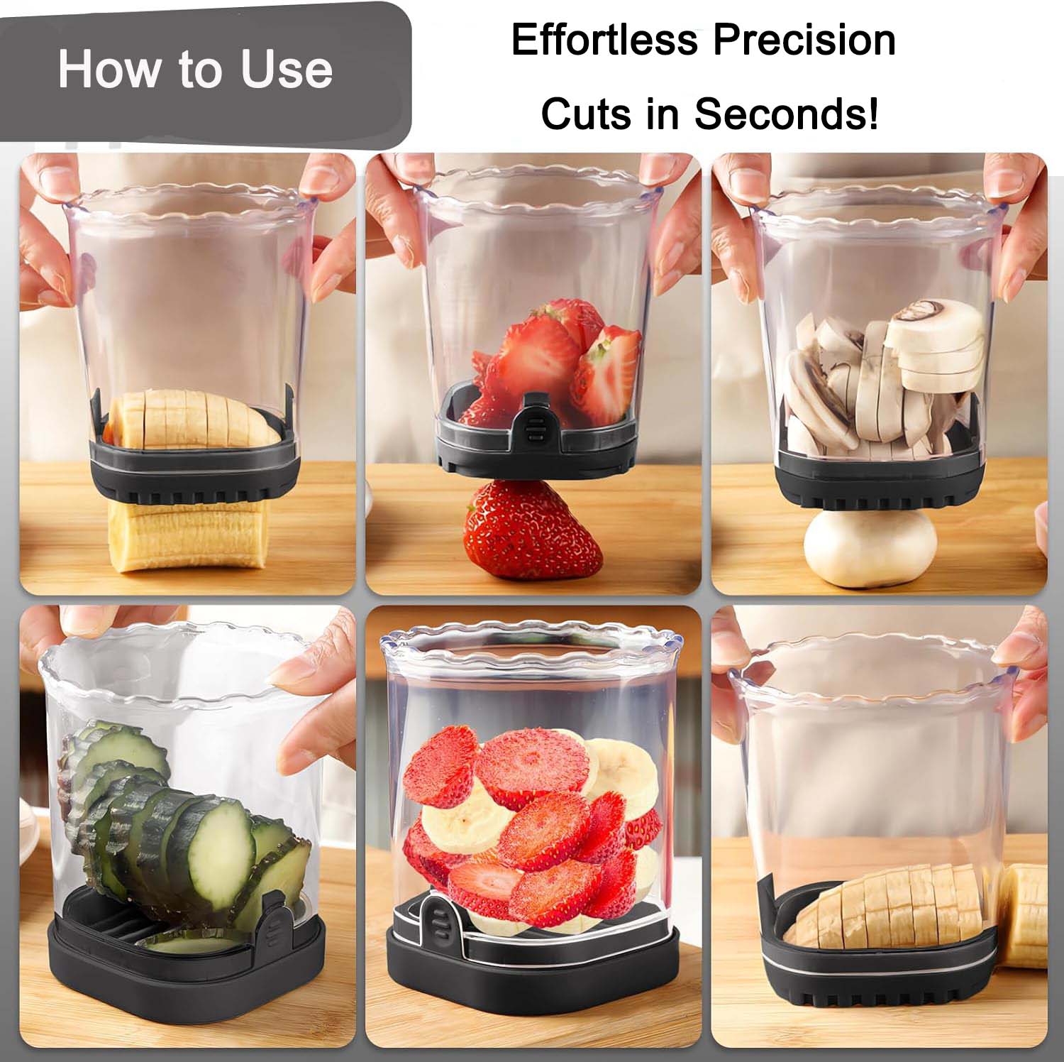 LIIGEMI 8-Blade Fruit & Vegetable Slicer Cup - Strawberry, Banana,Egg, Grape Cutter with Push Plate | 304 Stainless Steel Blades | Extra-Large Capacity for Meal Prep & Salads（Black）