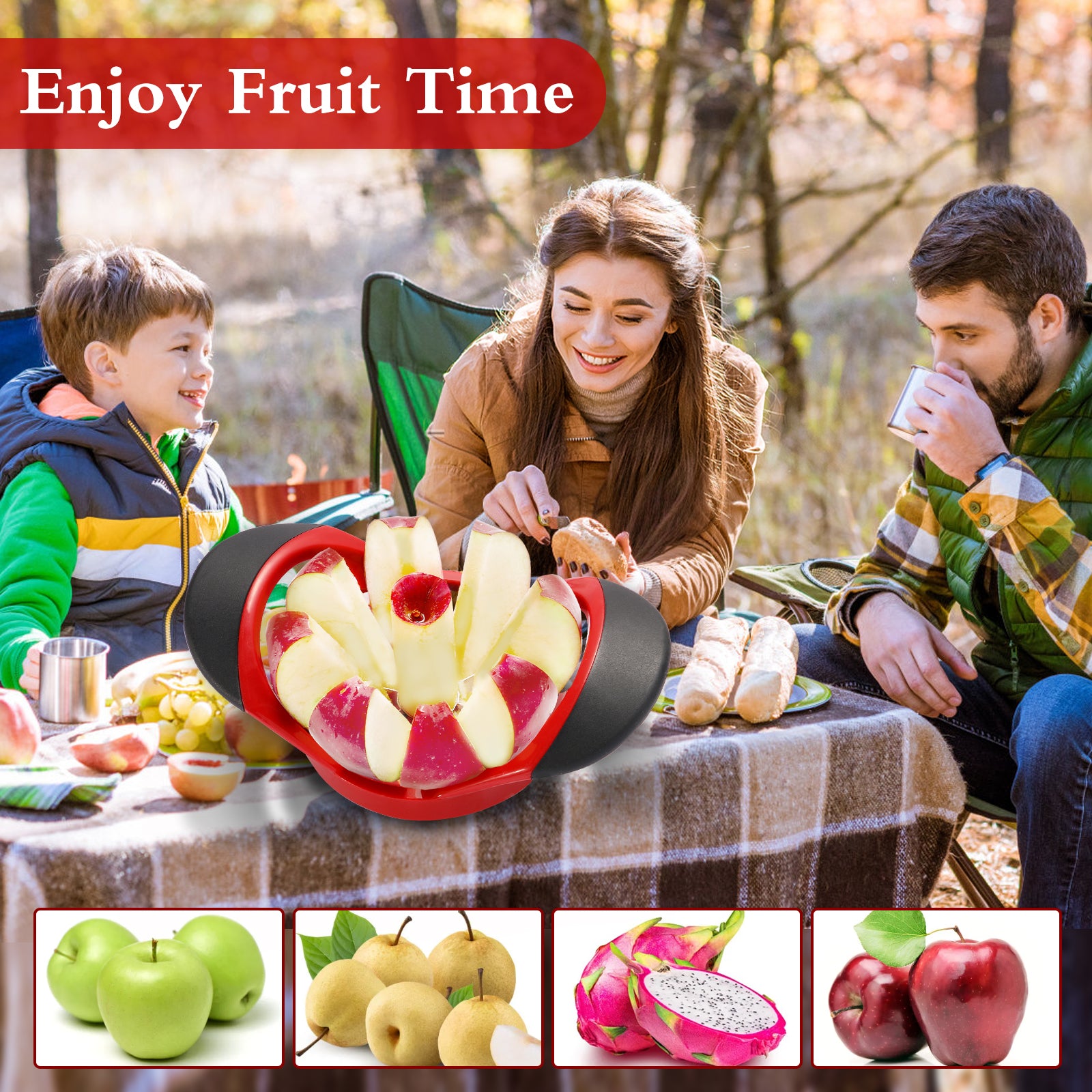 LIIGEMI Apple Slicer Corer，4.72 Inch Apple Slicer Super Sharp Apple Cutter with 8 Stainless Steel Blades and Anti-slip Handle（Red）