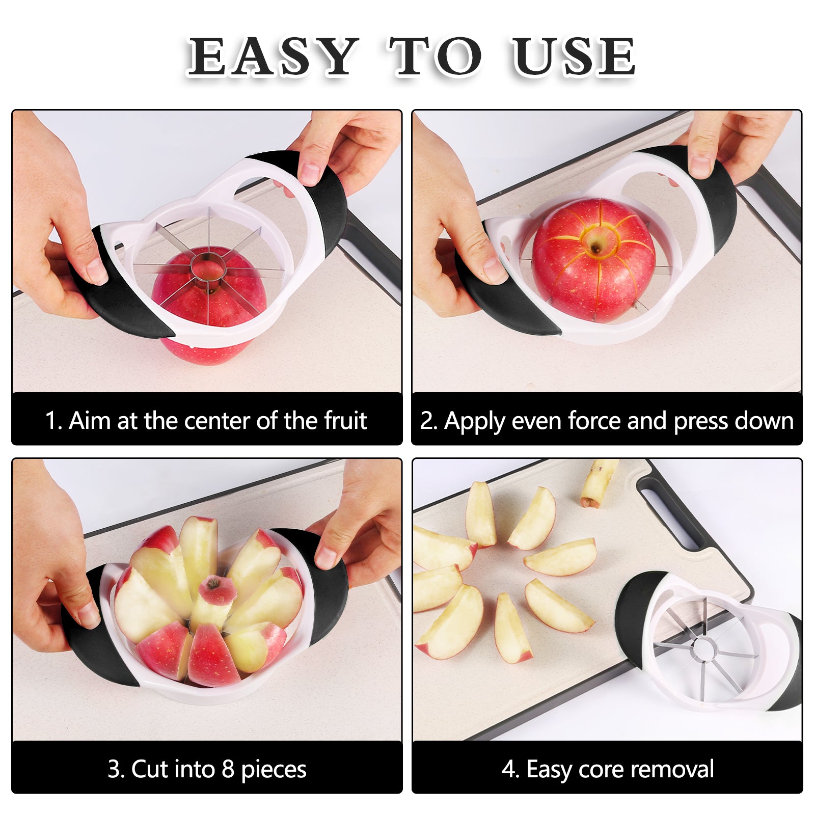 LIIGEMI Apple Slicer Corer，4.72 Inch Apple Slicer Super Sharp Apple Cutter with 8 Stainless Steel Blades and Anti-slip Handle（White）