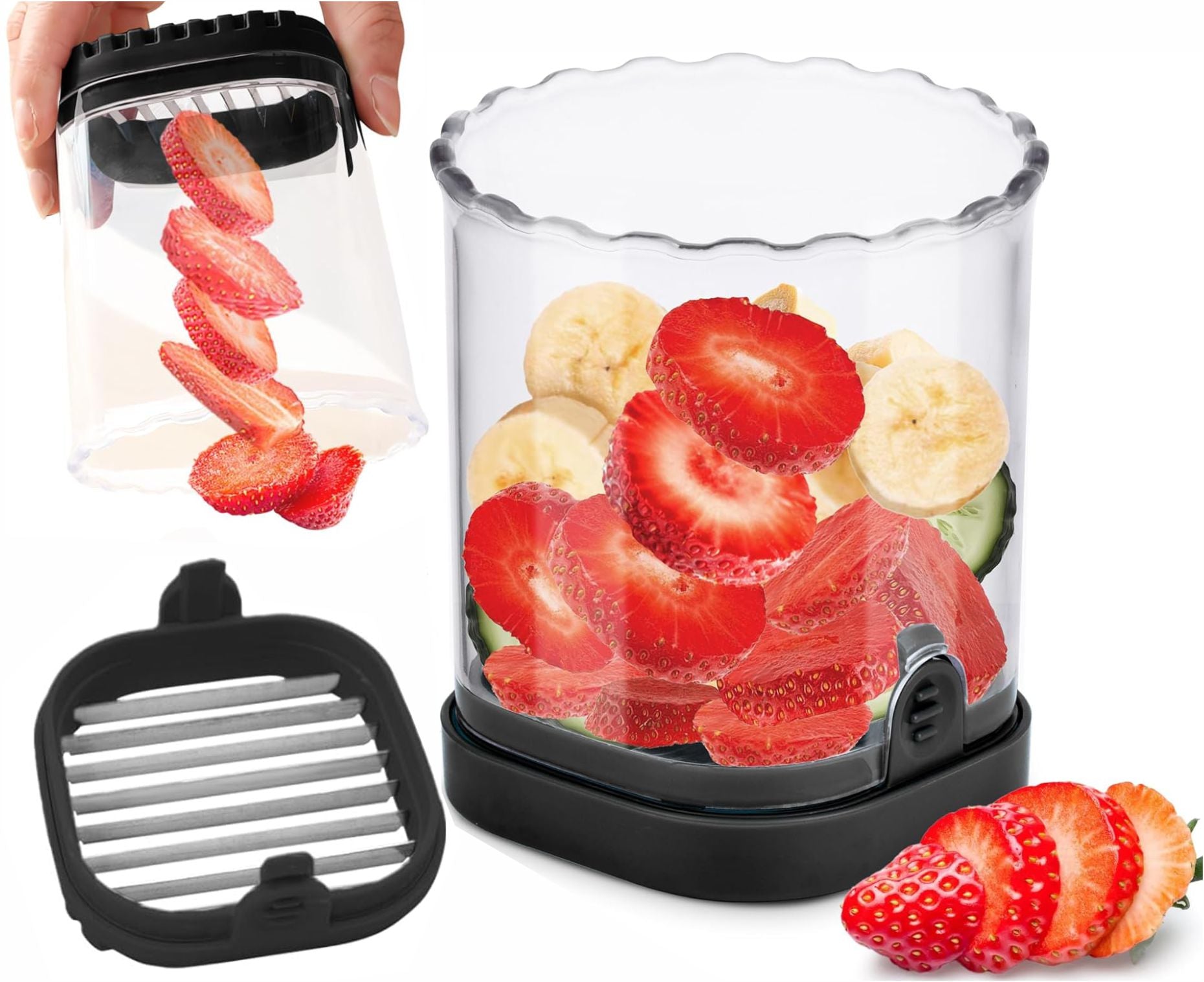 LIIGEMI 8-Blade Fruit & Vegetable Slicer Cup - Strawberry, Banana,Egg, Grape Cutter with Push Plate | 304 Stainless Steel Blades | Extra-Large Capacity for Meal Prep & Salads（Black）