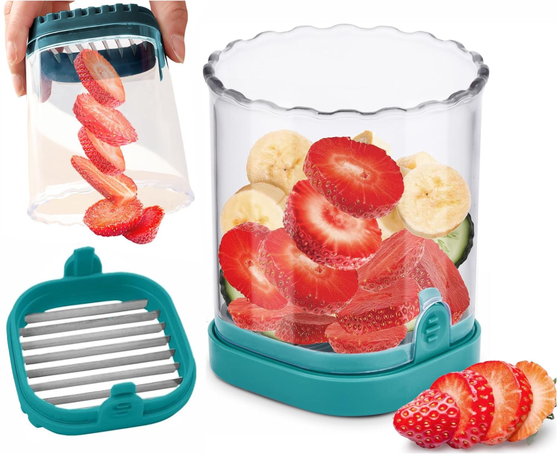 LIIGEMI 8-Blade Fruit & Vegetable Slicer Cup - Strawberry, Banana,Egg, Grape Cutter with Push Plate | 304 Stainless Steel Blades | Extra-Large Capacity for Meal Prep & Salads（Green）