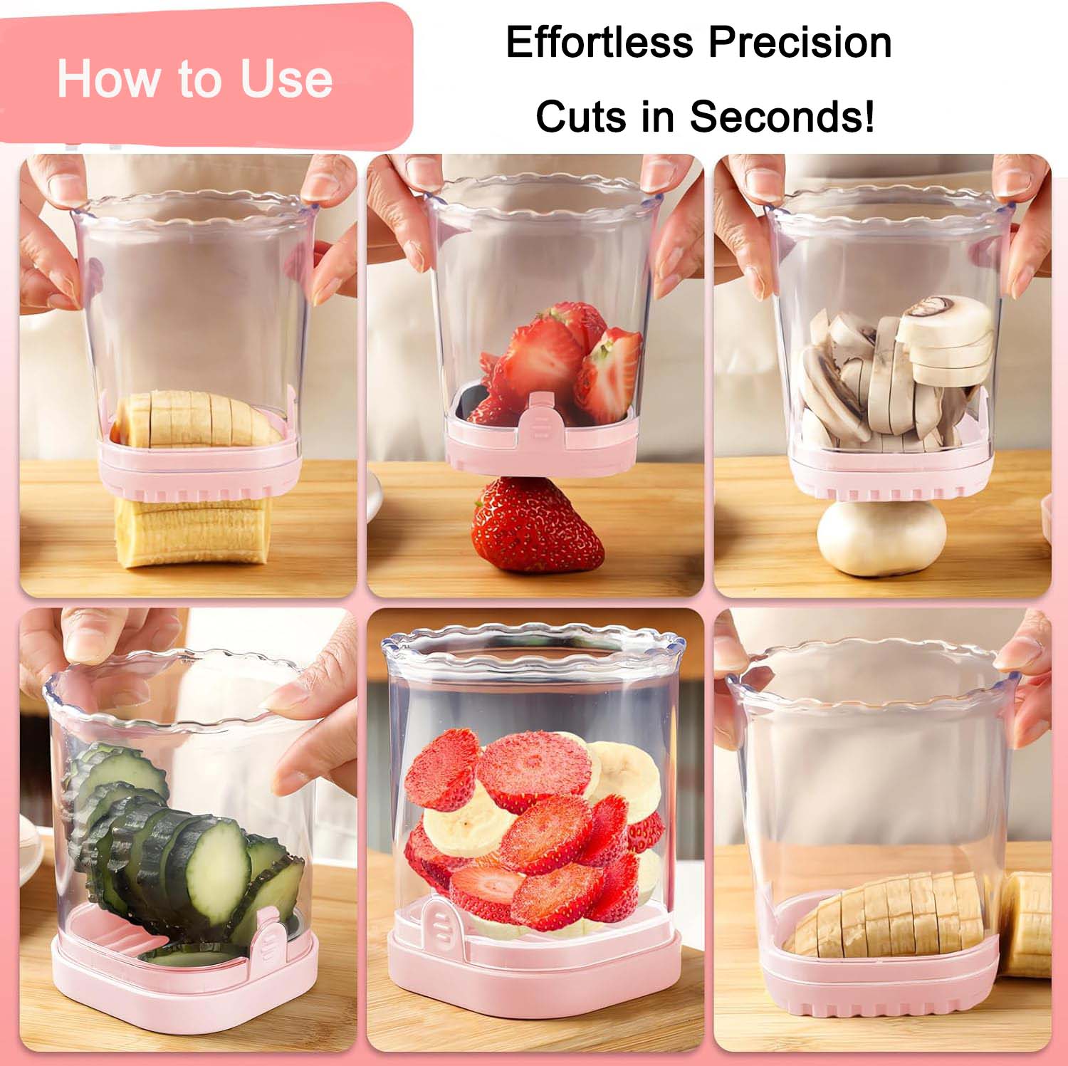 LIIGEMI 8-Blade Fruit & Vegetable Slicer Cup - Strawberry, Banana,Egg, Grape Cutter with Push Plate | 304 Stainless Steel Blades | Extra-Large Capacity for Meal Prep & Salads（Pink）