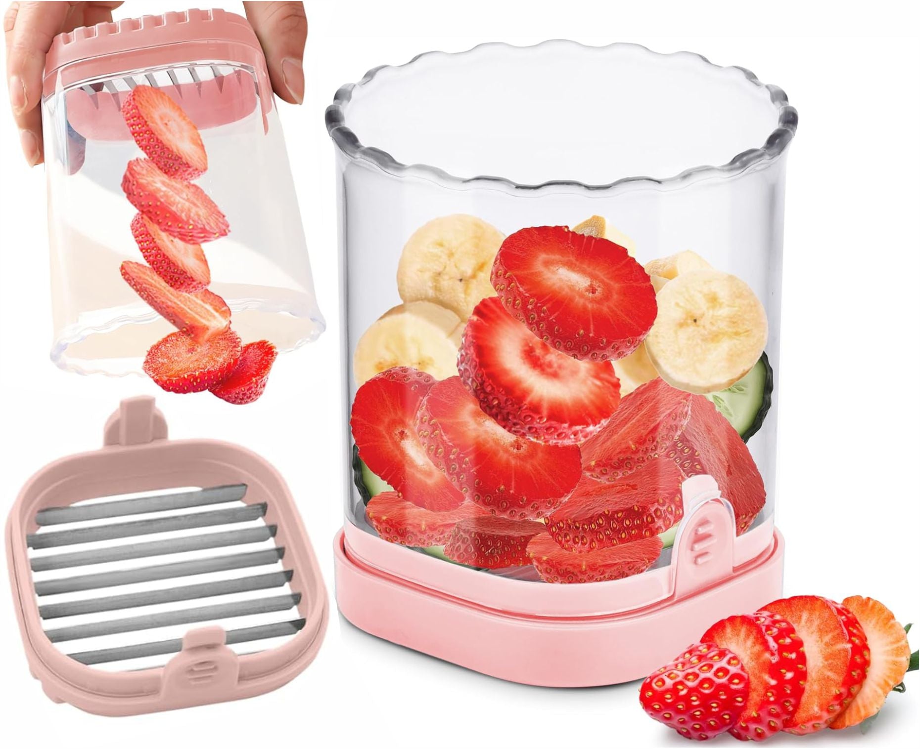 LIIGEMI 8-Blade Fruit & Vegetable Slicer Cup - Strawberry, Banana,Egg, Grape Cutter with Push Plate | 304 Stainless Steel Blades | Extra-Large Capacity for Meal Prep & Salads（Pink）