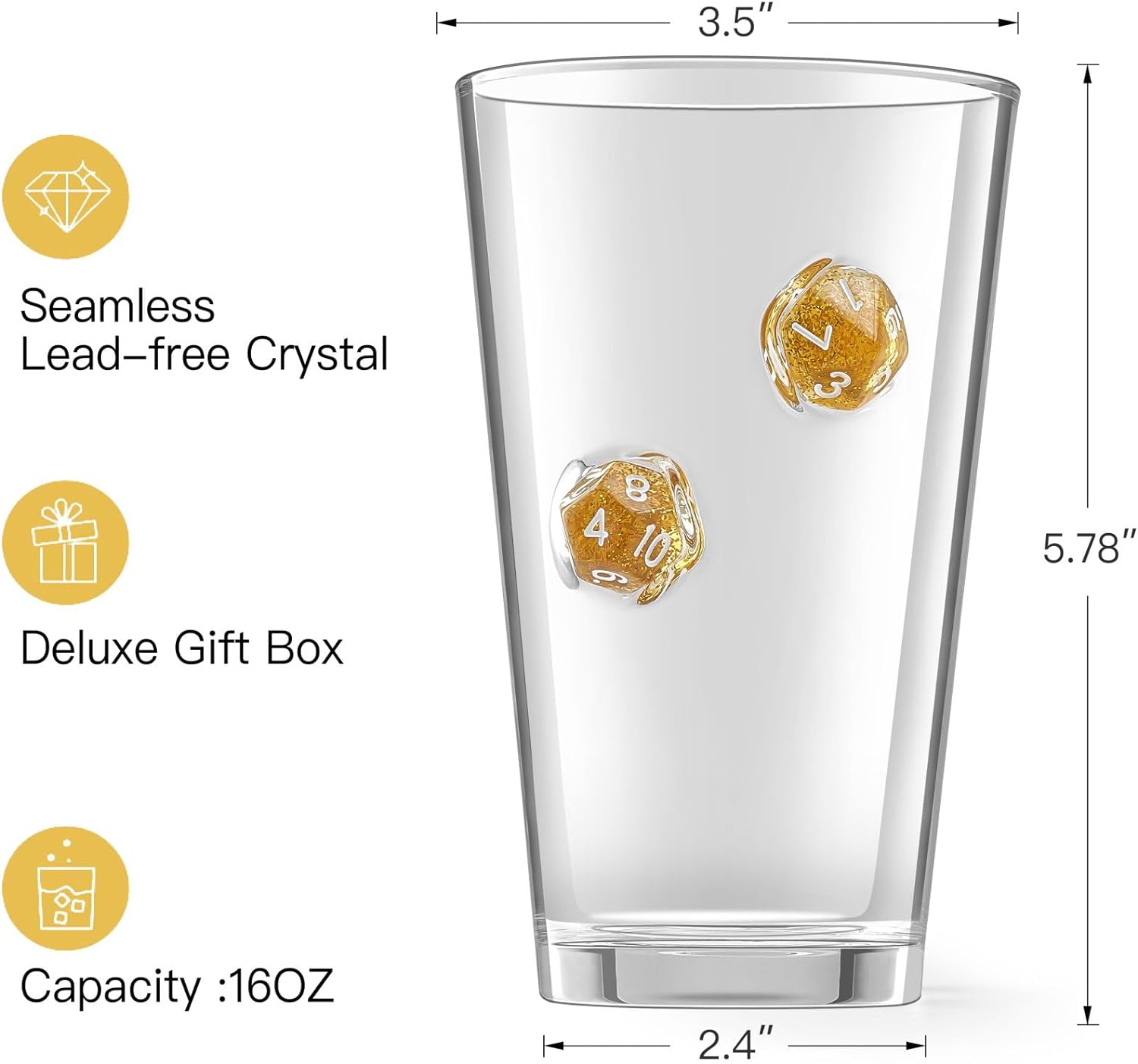 LIIGEMI Set of 2，Drinking Glasses with DND Dice Embedded,Handmade Beer Glasses, 16 oz Highball Glass Drinking Glasses,Gift for D&D or RPG Player（Golden）