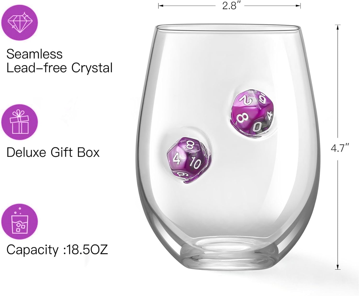 LIIGEMI Stemless Wine Glass with DND Dice Embedded, Handmade Red Wine Glasses, Drinking Glasses, 18.5 oz，Set of 2，Gift for D&D or RPG Player (Purple)