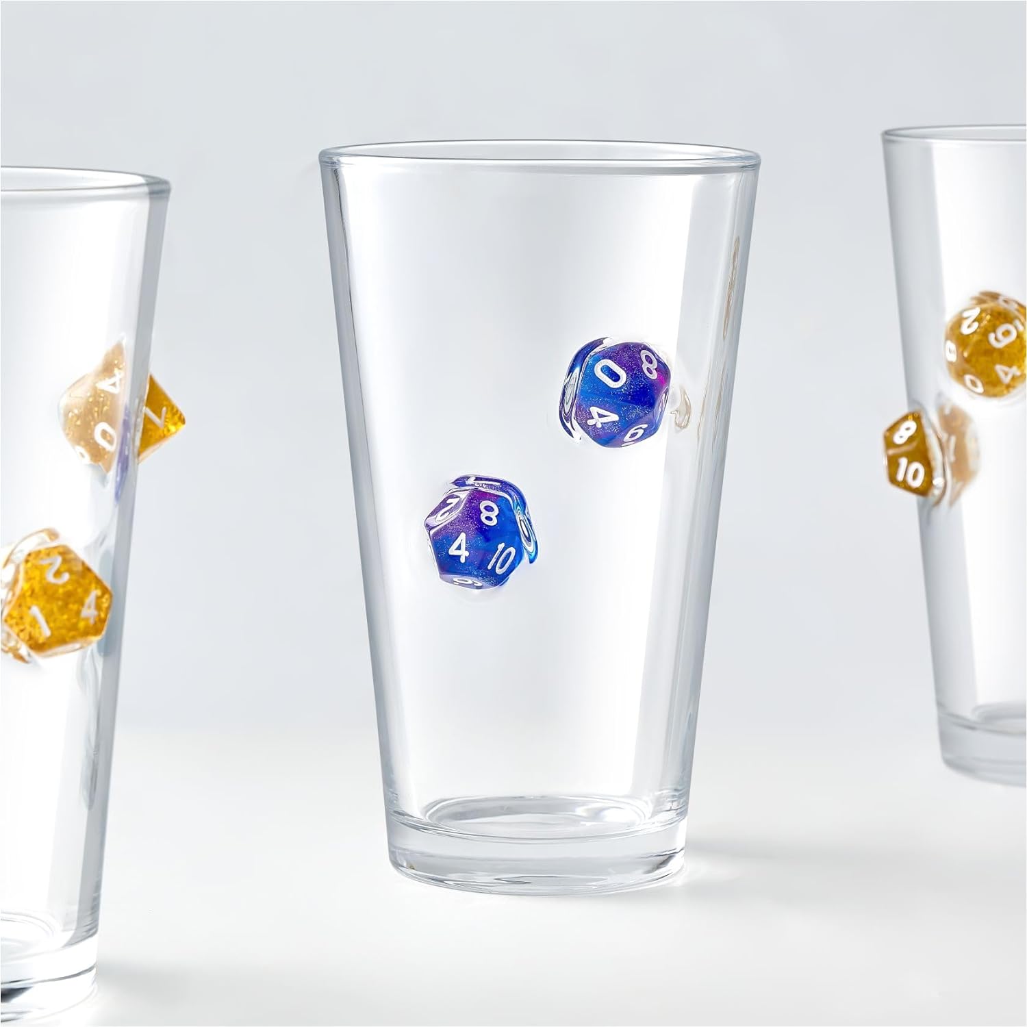 LIIGEMI Set of 2，Drinking Glasses with DND Dice Embedded,Handmade Beer Glasses, 16 oz Highball Glass Drinking Glasses,Gift for D&D or RPG Player（Blue）