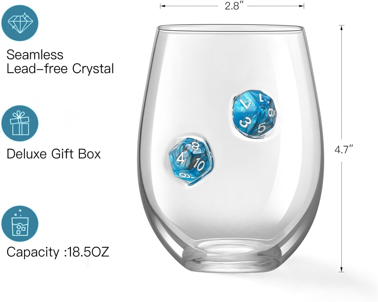 LIIGEMI Stemless Wine Glass with DND Dice Embedded, Handmade Red Wine Glasses, Drinking Glasses, 18.5 oz，Set of 2，Gift for D&D or RPG Player（Blue）