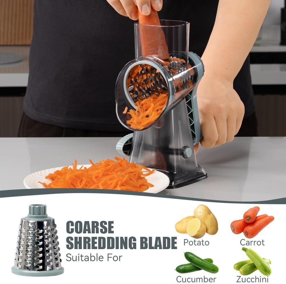 LIIGEMI Rotary Cheese Grater & Mandoline Slicer - 3-in-1 Manual Shredder with 3 Changeable Stainless Steel Blades | Effortless Grating for Cheese, Potatoes, Nuts | Non-Slip Base & Dishwasher Safe