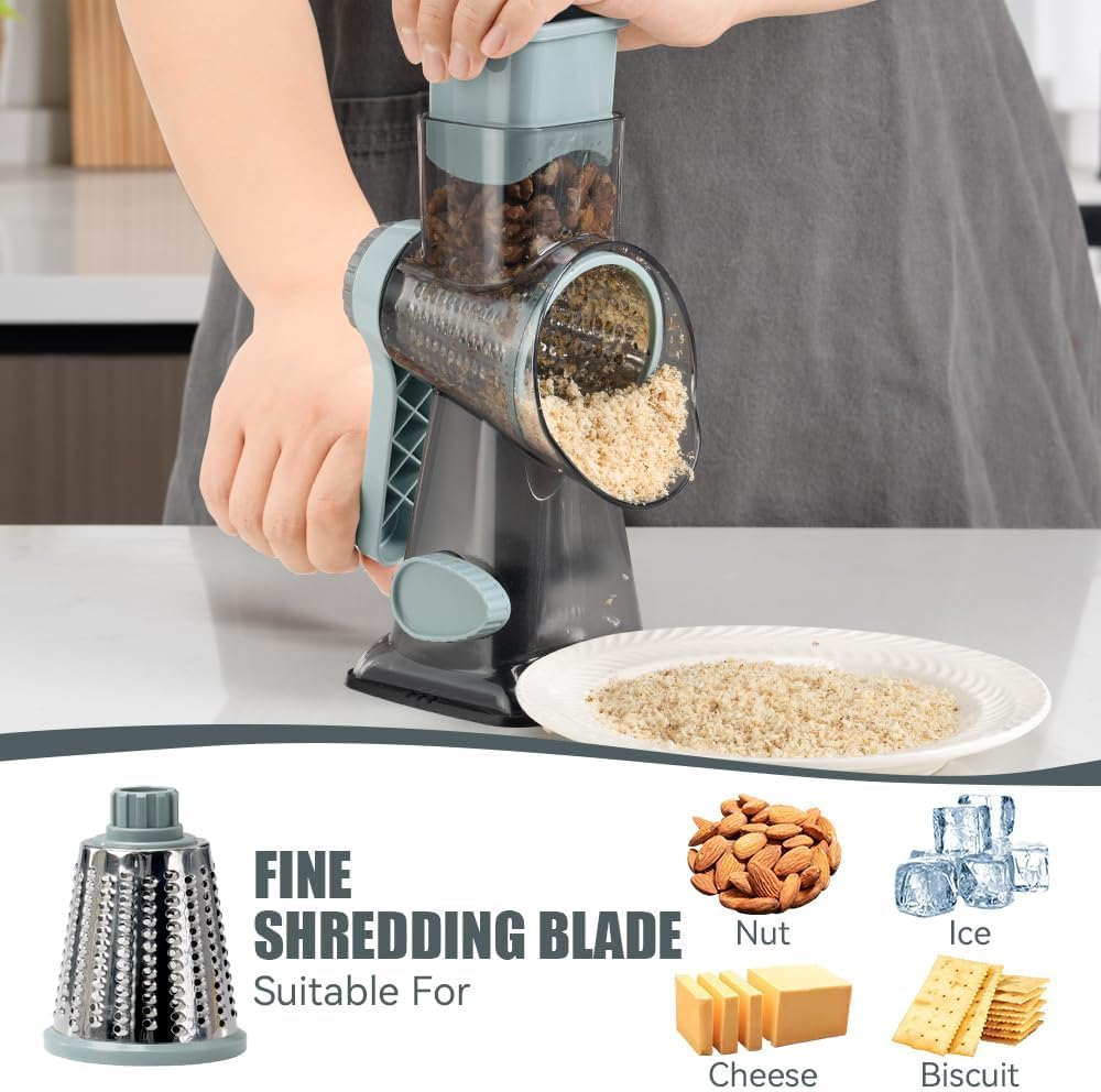 LIIGEMI Rotary Cheese Grater & Mandoline Slicer - 3-in-1 Manual Shredder with 3 Changeable Stainless Steel Blades | Effortless Grating for Cheese, Potatoes, Nuts | Non-Slip Base & Dishwasher Safe