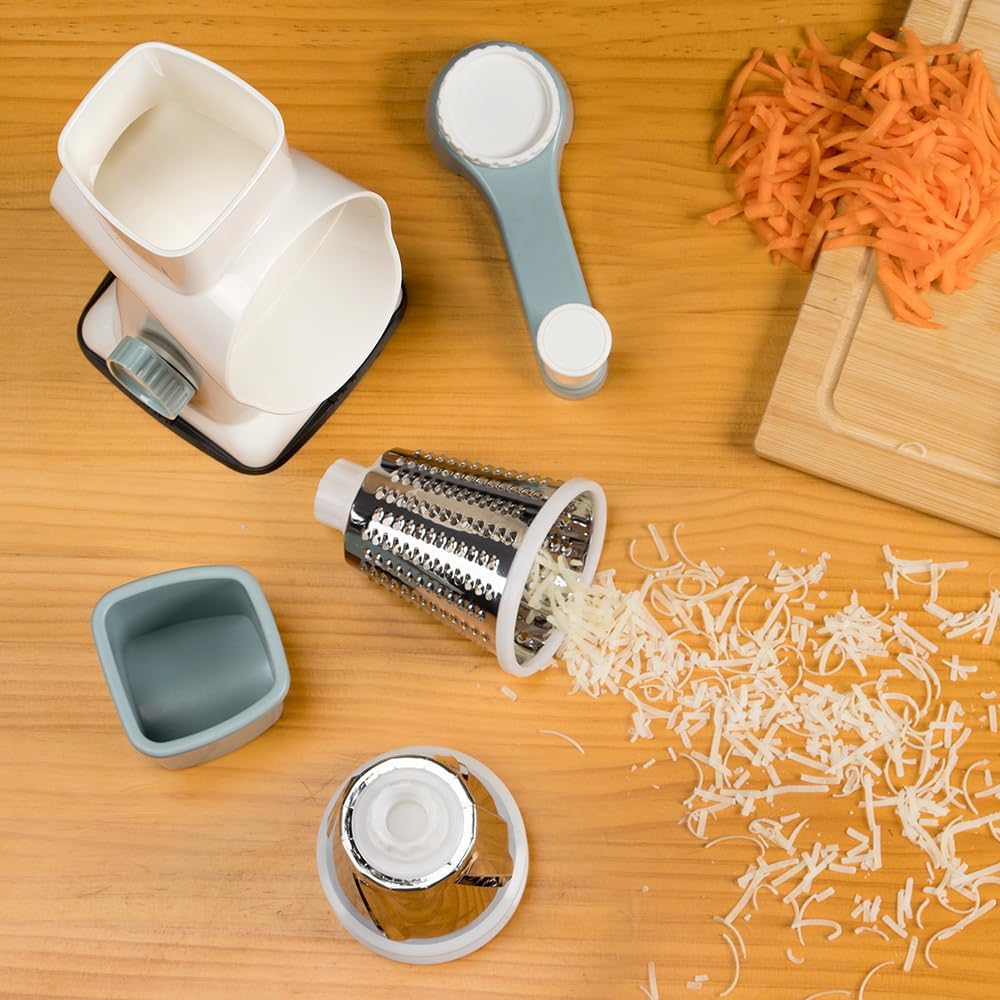 LIIGEMI Rotary Cheese Grater & Vegetable Slicer - 3-in-1 Hand Crank Shredder with 3 Stainless Steel Blades | Effortless Grating for Cheese, Zucchini, Potatoes, Nuts(White)