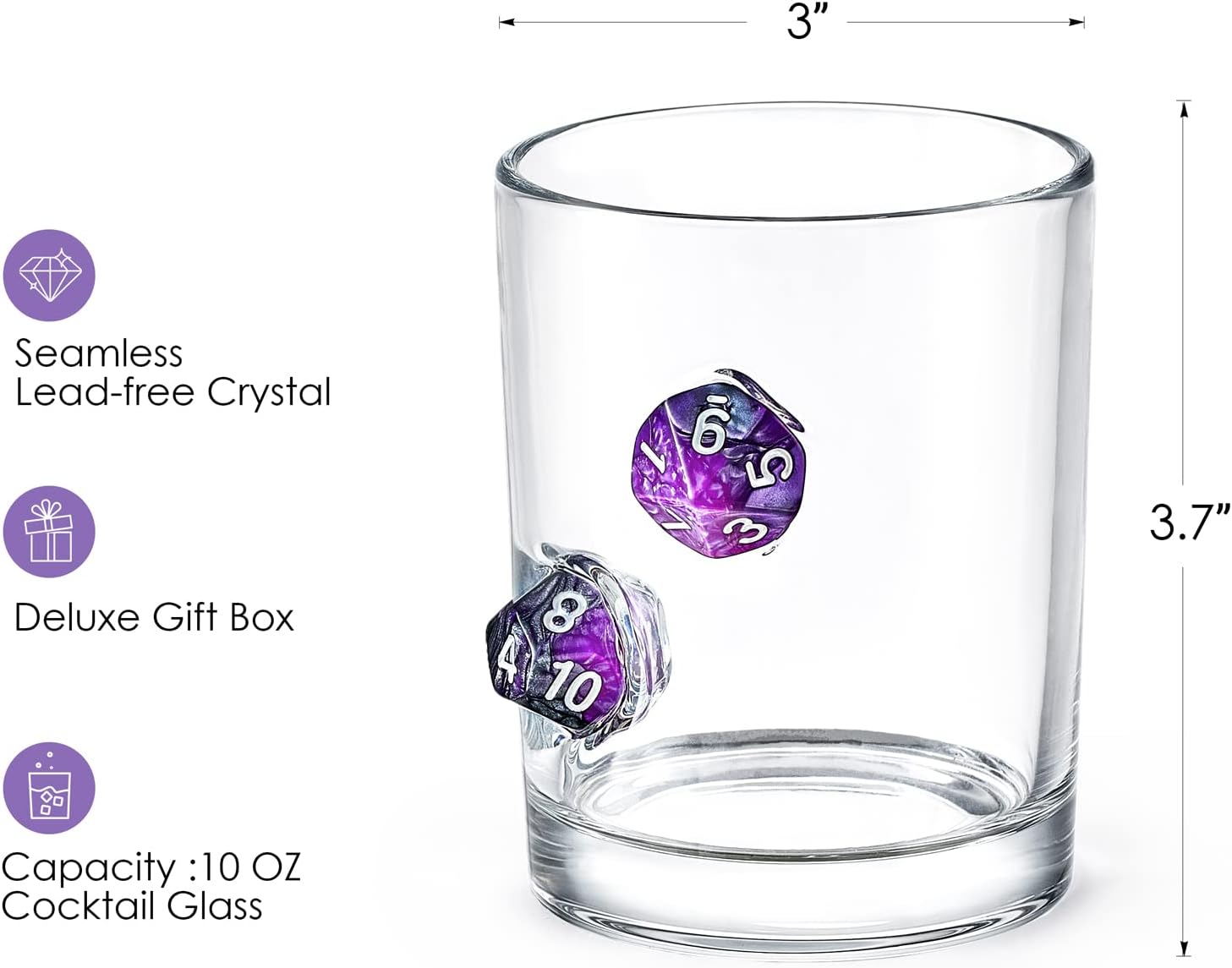 LIIGEMI Old Fashioned Glasses Set of 2,Handmade Whiskey Glass with Purple Polyhedral dices Embedded, Cocktail Glass 10oz（Purple）