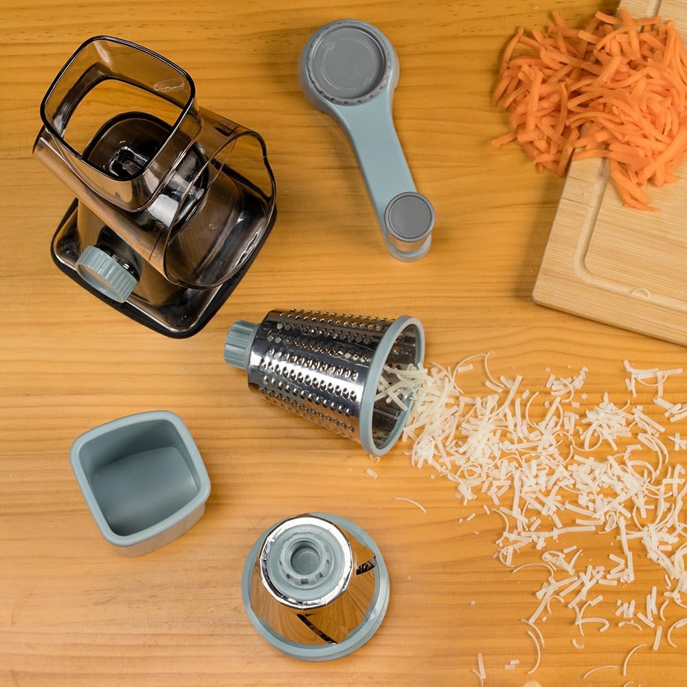 LIIGEMI Rotary Cheese Grater & Mandoline Slicer - 3-in-1 Manual Shredder with 3 Changeable Stainless Steel Blades | Effortless Grating for Cheese, Potatoes, Nuts | Non-Slip Base & Dishwasher Safe
