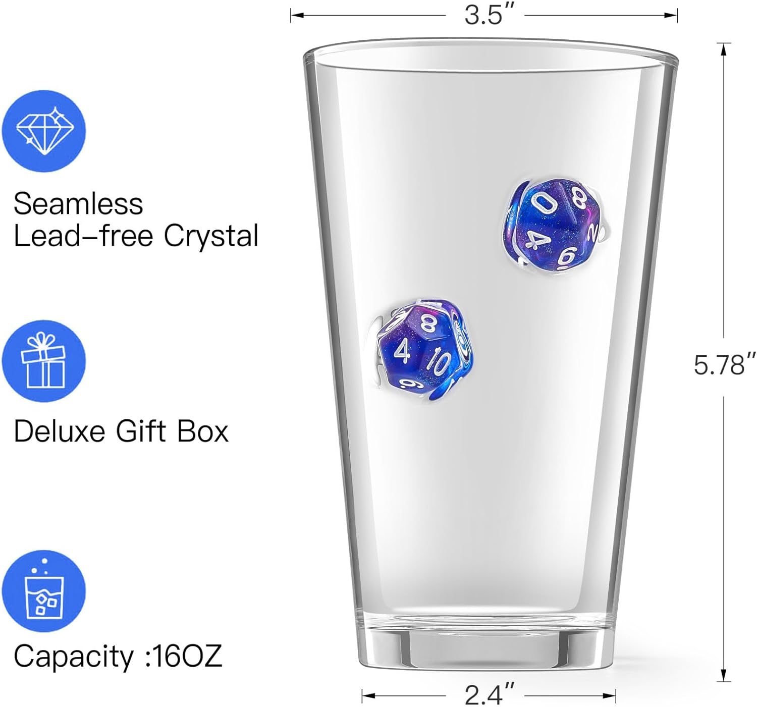 LIIGEMI Set of 2，Drinking Glasses with DND Dice Embedded,Handmade Beer Glasses, 16 oz Highball Glass Drinking Glasses,Gift for D&D or RPG Player（Blue）