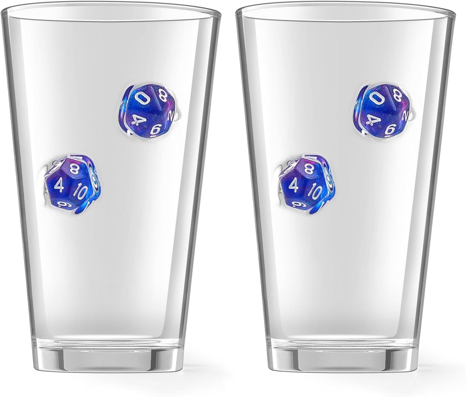 LIIGEMI Set of 2，Drinking Glasses with DND Dice Embedded,Handmade Beer Glasses, 16 oz Highball Glass Drinking Glasses,Gift for D&D or RPG Player（Blue）