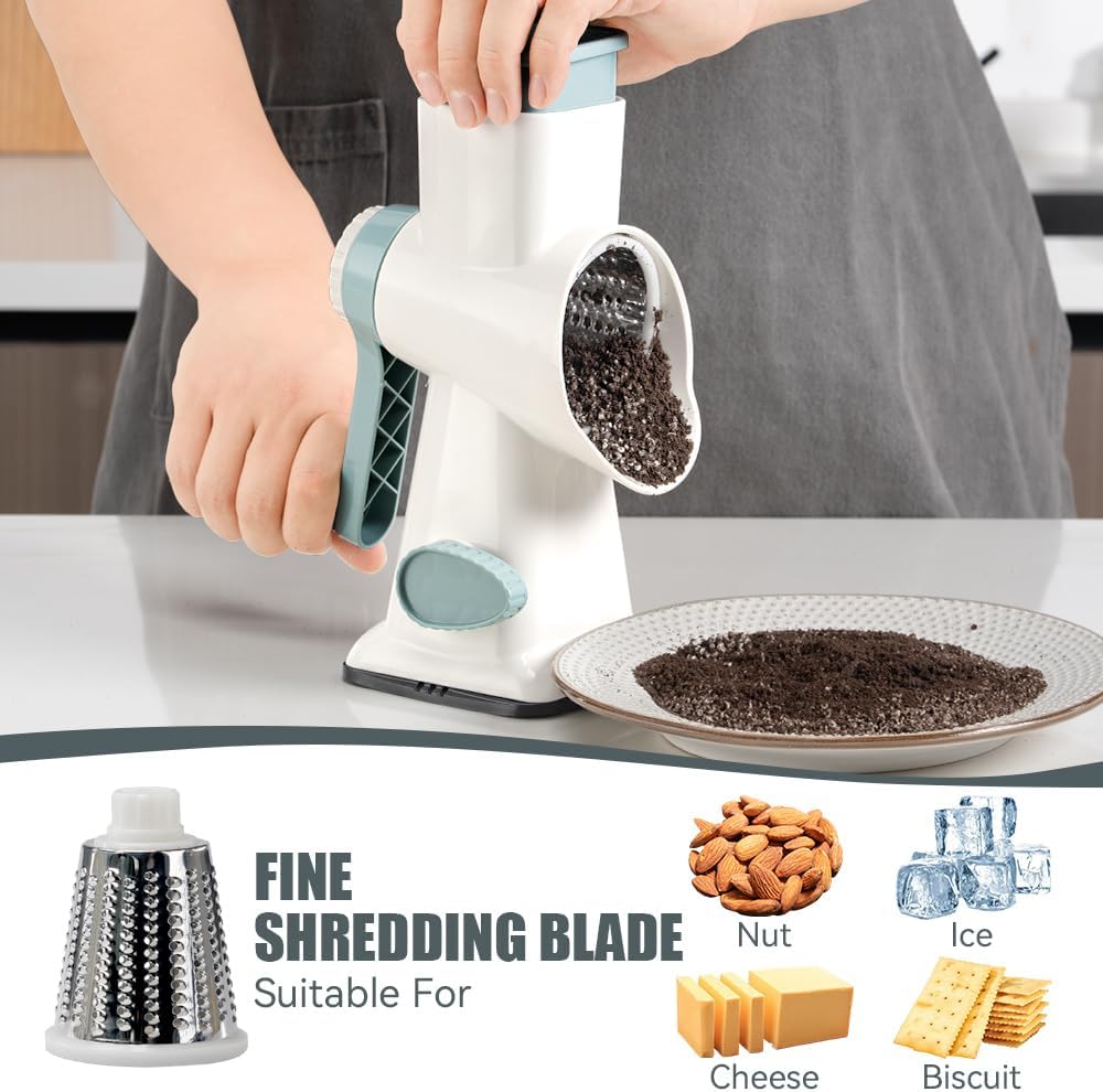 LIIGEMI Rotary Cheese Grater & Vegetable Slicer - 3-in-1 Hand Crank Shredder with 3 Stainless Steel Blades | Effortless Grating for Cheese, Zucchini, Potatoes, Nuts(White)