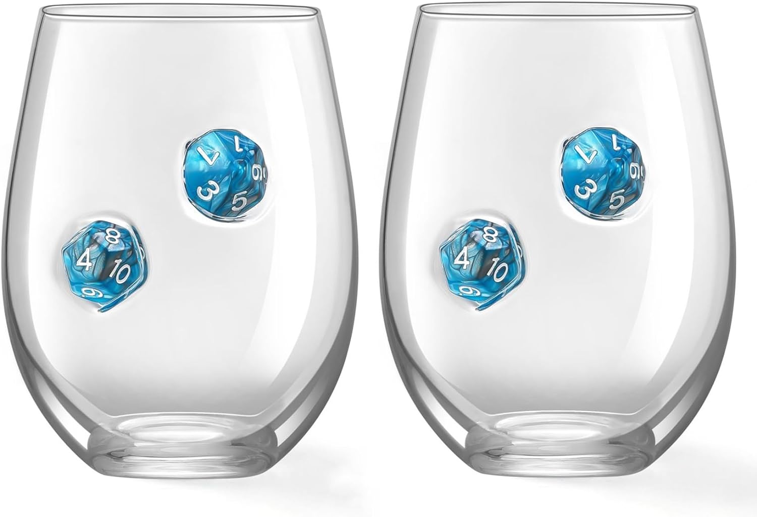 LIIGEMI Stemless Wine Glass with DND Dice Embedded, Handmade Red Wine Glasses, Drinking Glasses, 18.5 oz，Set of 2，Gift for D&D or RPG Player（Blue）