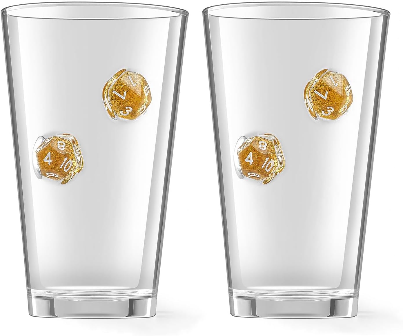 LIIGEMI Set of 2，Drinking Glasses with DND Dice Embedded,Handmade Beer Glasses, 16 oz Highball Glass Drinking Glasses,Gift for D&D or RPG Player（Golden）