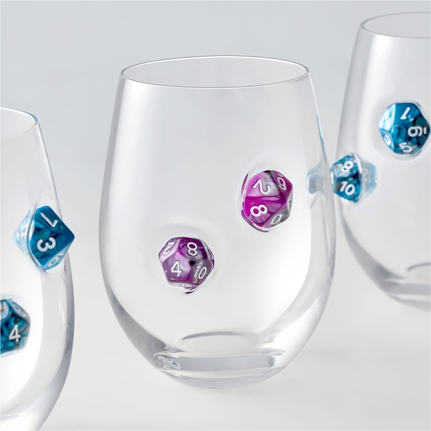 LIIGEMI Stemless Wine Glass with DND Dice Embedded, Handmade Red Wine Glasses, Drinking Glasses, 18.5 oz，Set of 2，Gift for D&D or RPG Player (Purple)