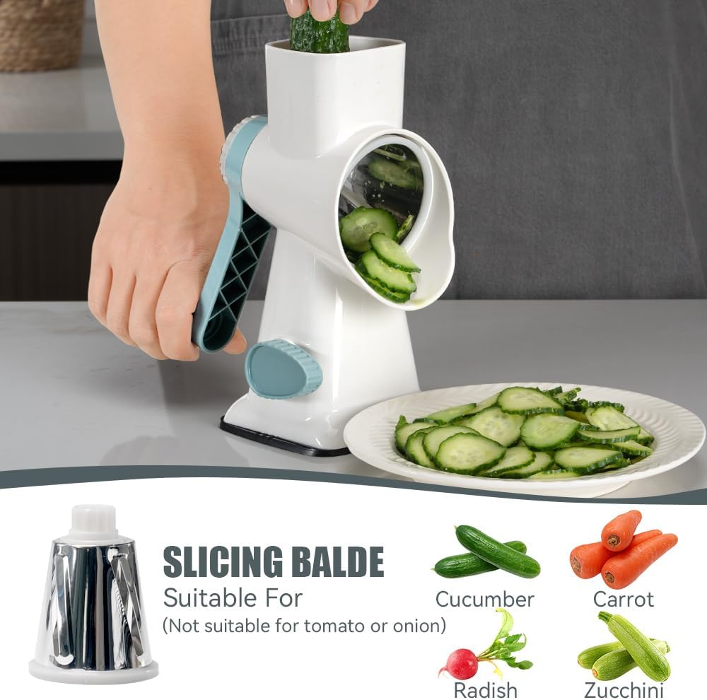 LIIGEMI Rotary Cheese Grater & Vegetable Slicer - 3-in-1 Hand Crank Shredder with 3 Stainless Steel Blades | Effortless Grating for Cheese, Zucchini, Potatoes, Nuts(White)