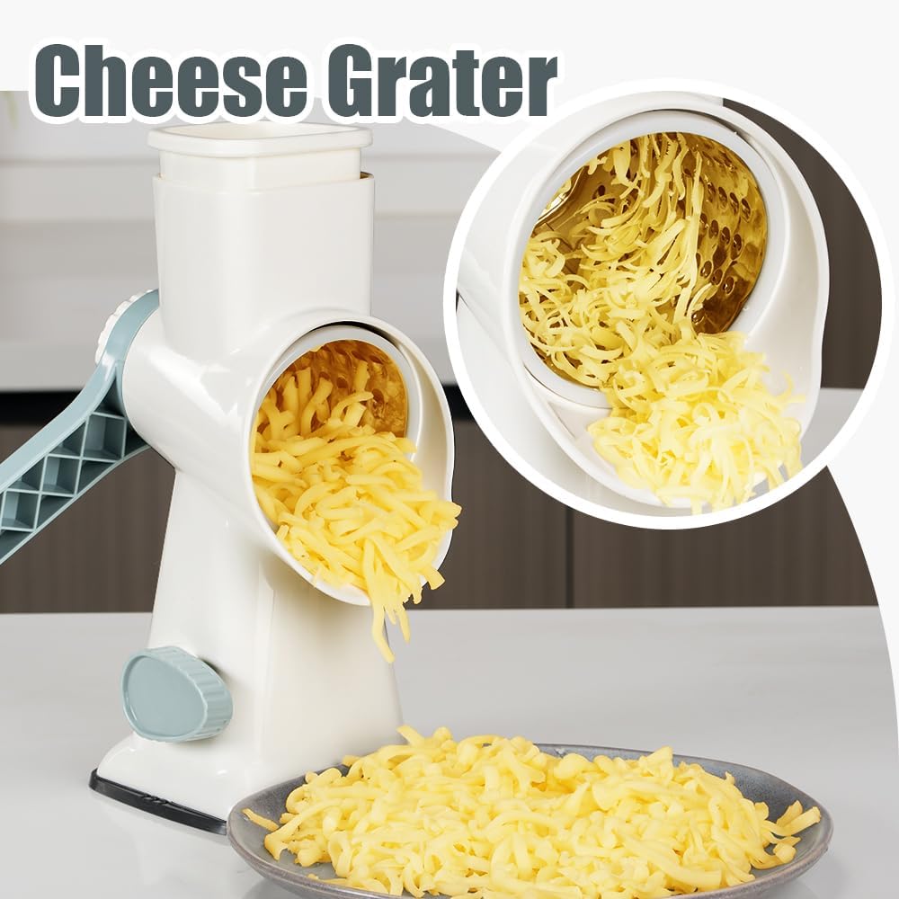 LIIGEMI Rotary Cheese Grater & Vegetable Slicer - 3-in-1 Hand Crank Shredder with 3 Stainless Steel Blades | Effortless Grating for Cheese, Zucchini, Potatoes, Nuts(White)