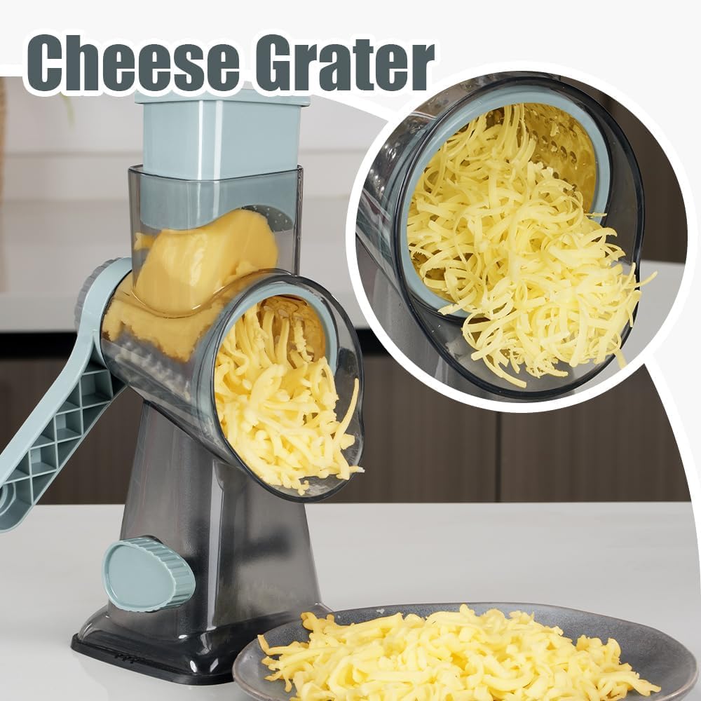 LIIGEMI Rotary Cheese Grater & Mandoline Slicer - 3-in-1 Manual Shredder with 3 Changeable Stainless Steel Blades | Effortless Grating for Cheese, Potatoes, Nuts | Non-Slip Base & Dishwasher Safe