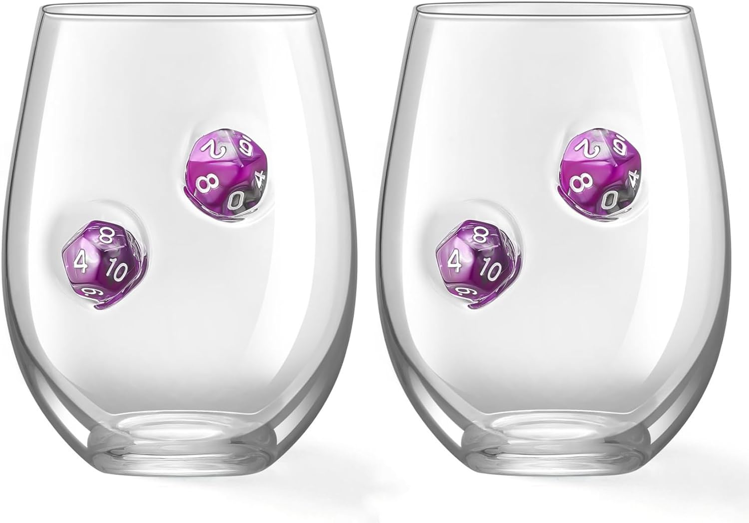 LIIGEMI Stemless Wine Glass with DND Dice Embedded, Handmade Red Wine Glasses, Drinking Glasses, 18.5 oz，Set of 2，Gift for D&D or RPG Player (Purple)