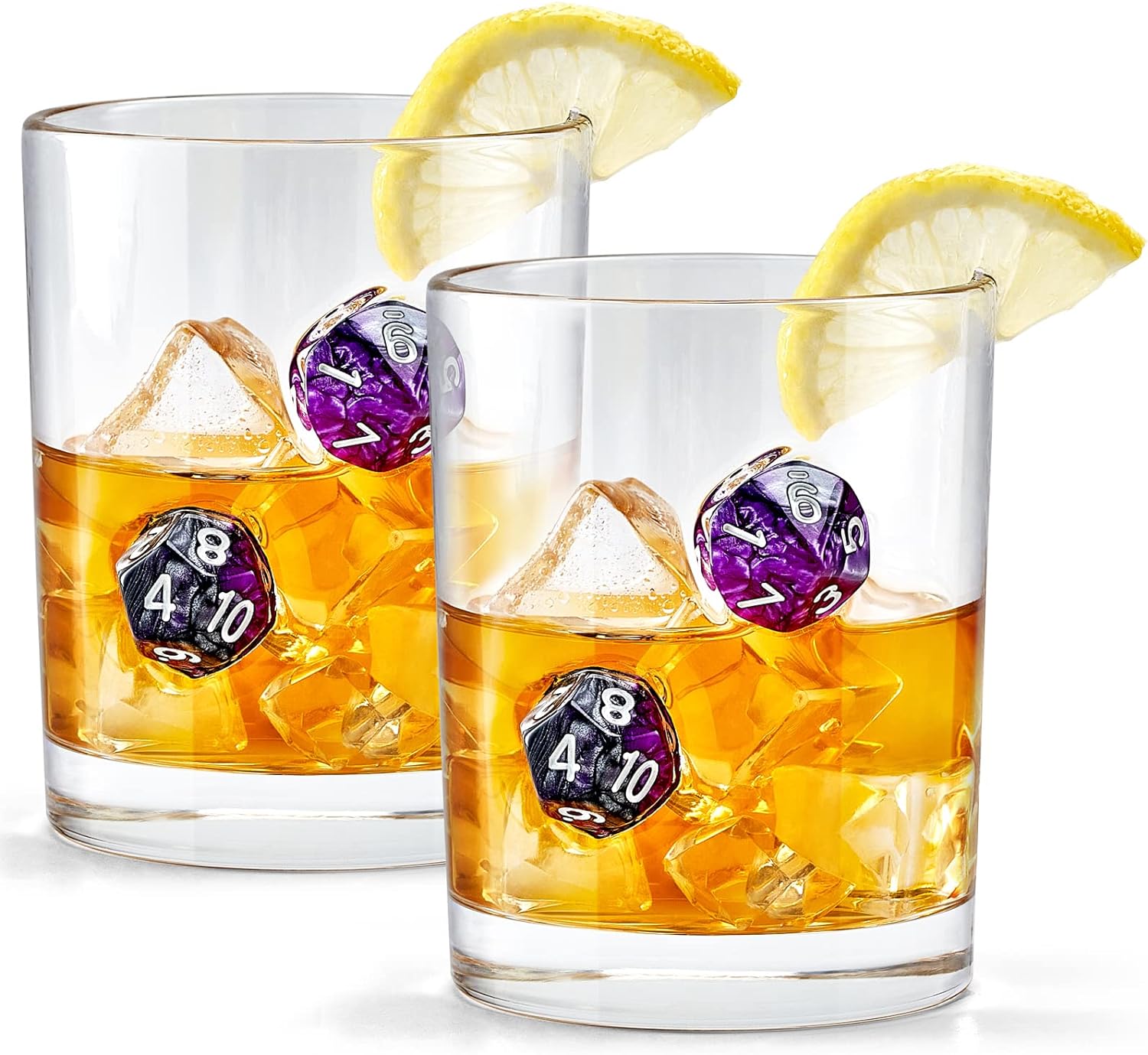 LIIGEMI Old Fashioned Glasses Set of 2,Handmade Whiskey Glass with Purple Polyhedral dices Embedded, Cocktail Glass 10oz（Purple）