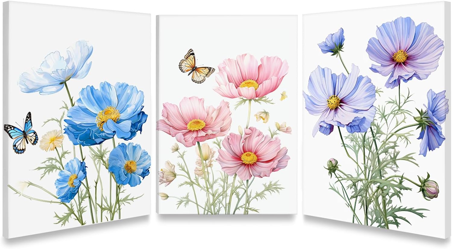 LIIGEMI Flower Canvas Wall Art-Colorful Floral Picture for Bedroom- Watercolor Blue Yellow Pink Wildflower Canvas Décor, Nature Scenery with Butterfly Print Room Décor，11.8"x15.8" (30cmx40cm)